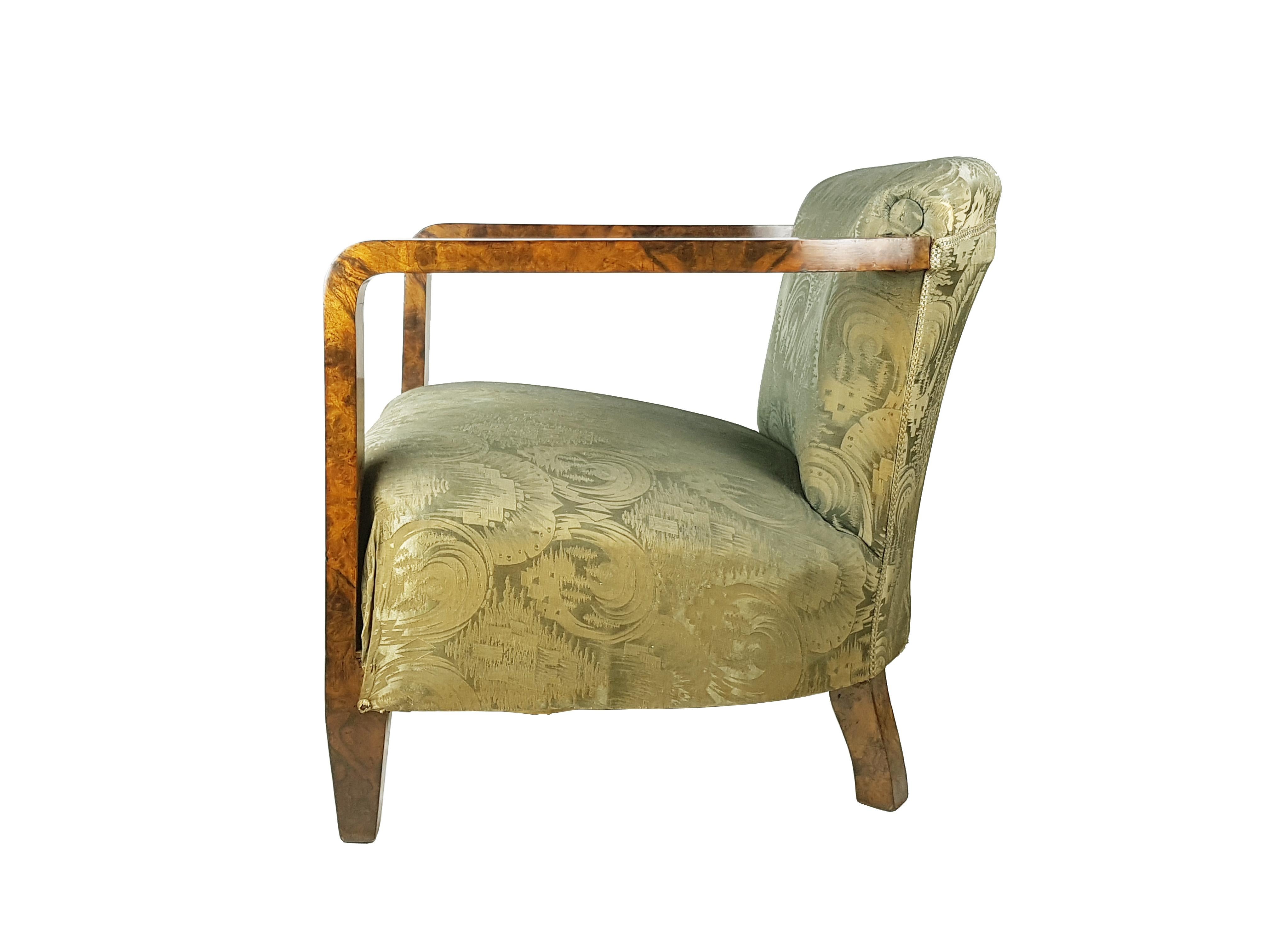 Italian silk & walnut briar root art deco armchairs, set of 2 For Sale 5