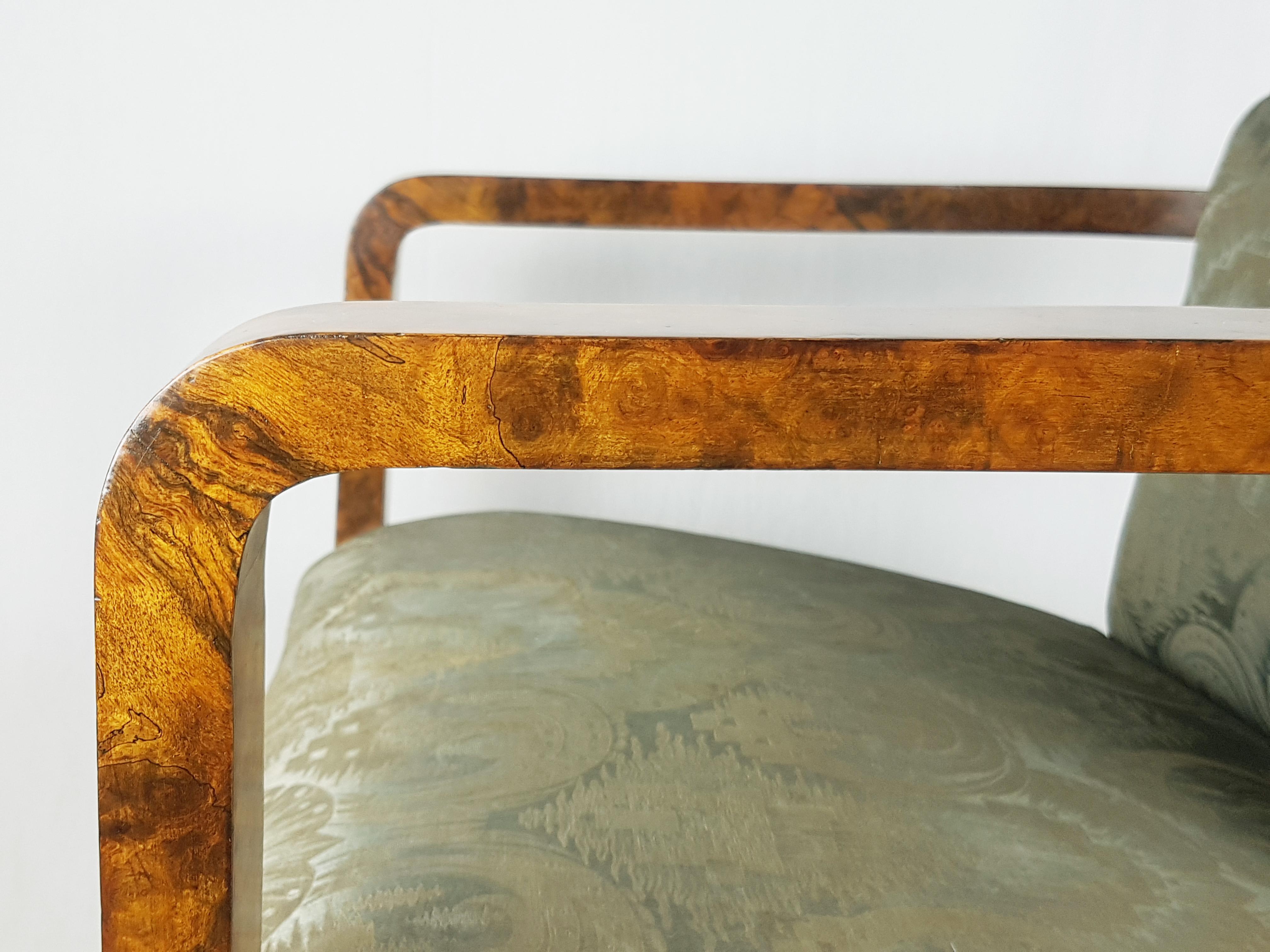 Italian silk & walnut briar root art deco armchairs, set of 2 For Sale 6