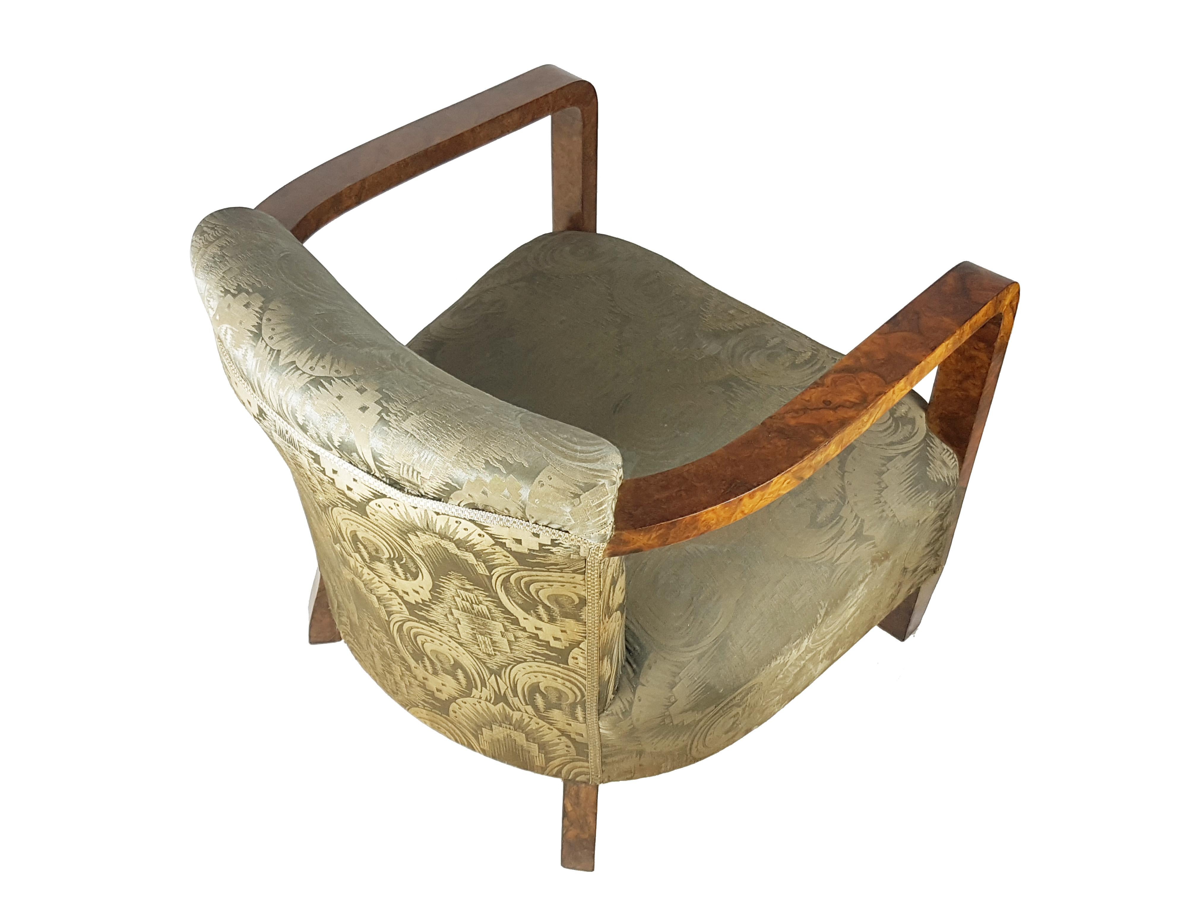 Italian silk & walnut briar root art deco armchairs, set of 2 For Sale 7