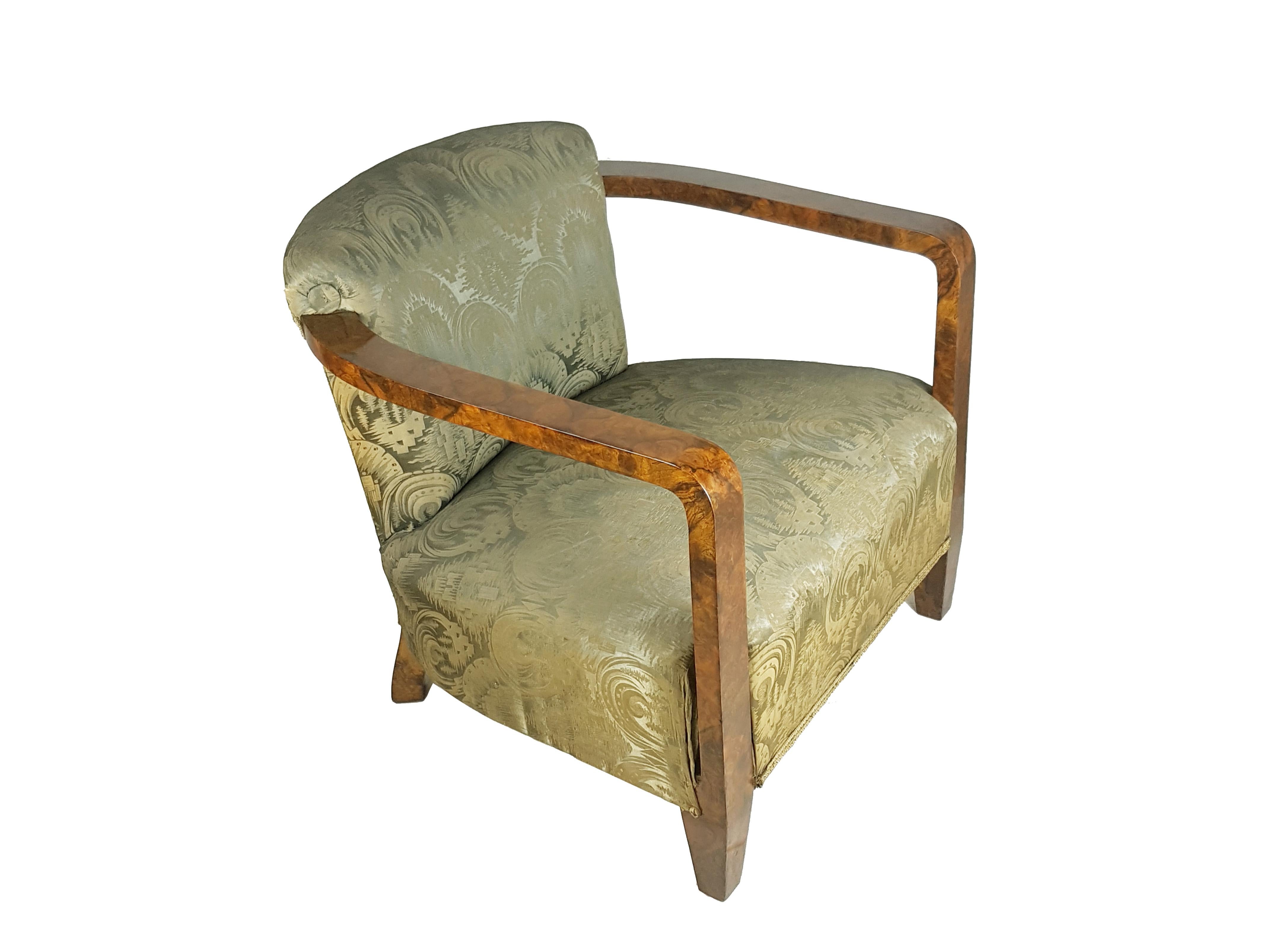 Italian silk & walnut briar root art deco armchairs, set of 2 For Sale 9