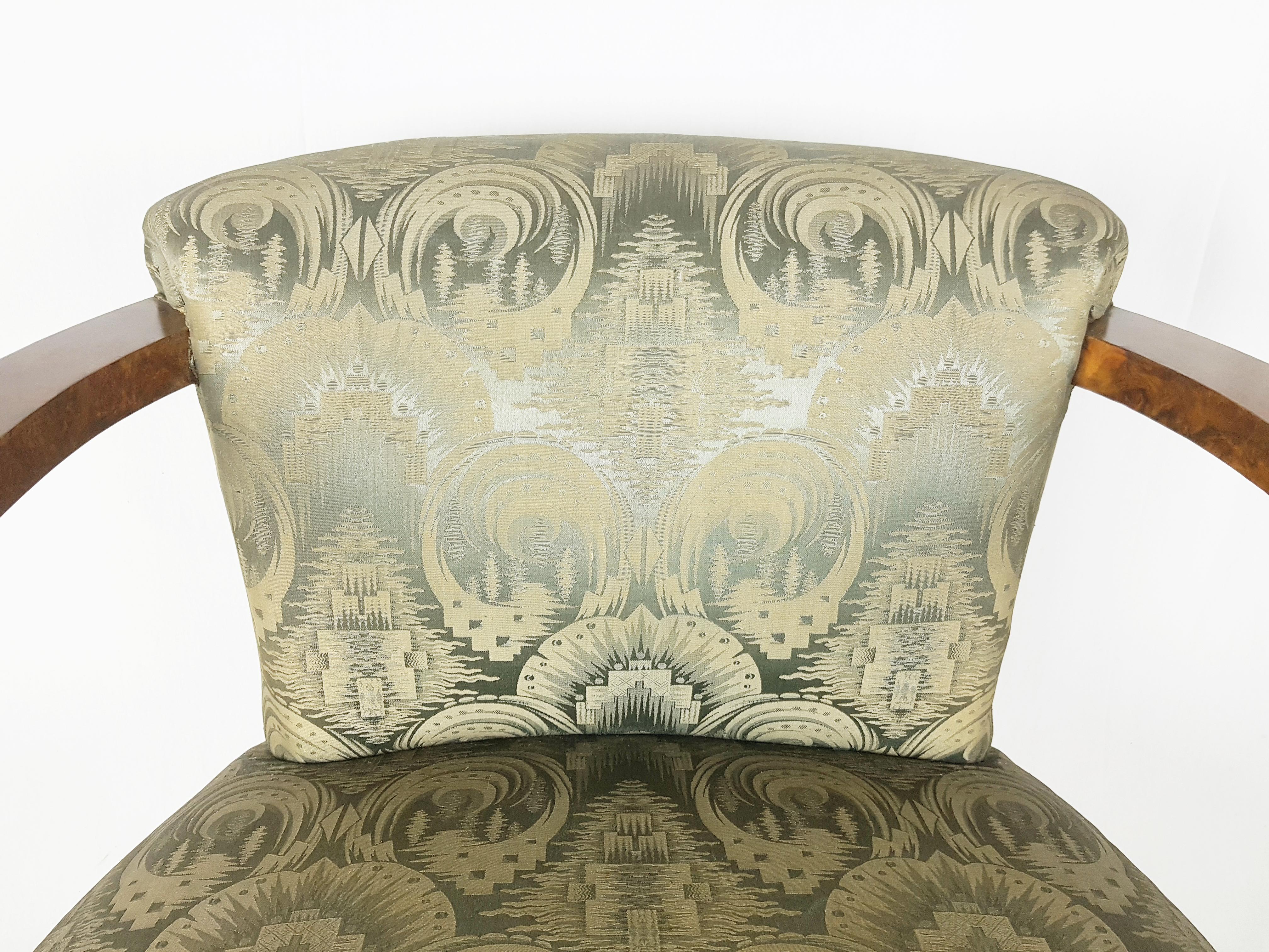 Art Deco Italian silk & walnut briar root art deco armchairs, set of 2 For Sale