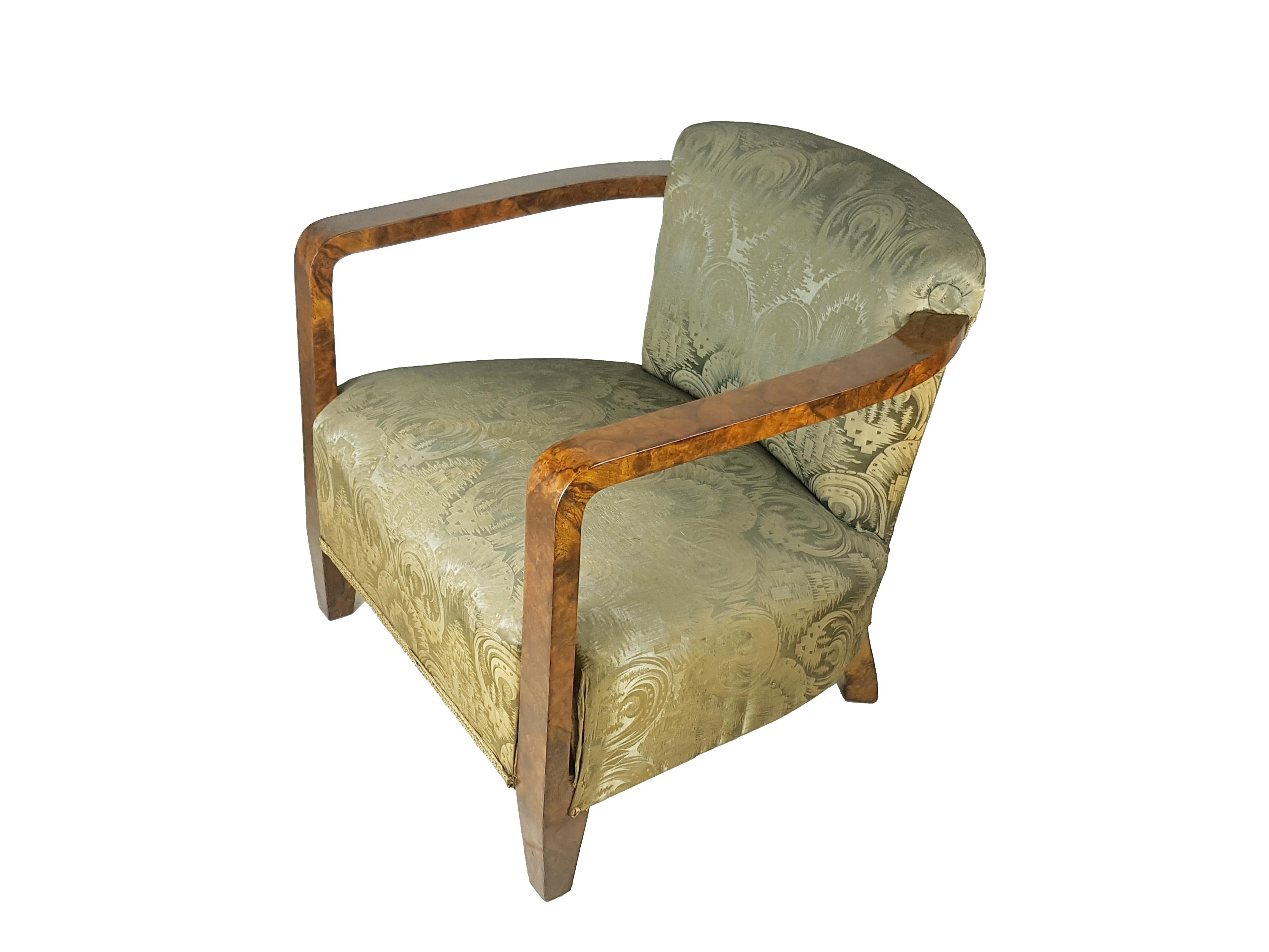 Silk Italian silk & walnut briar root art deco armchairs, set of 2 For Sale