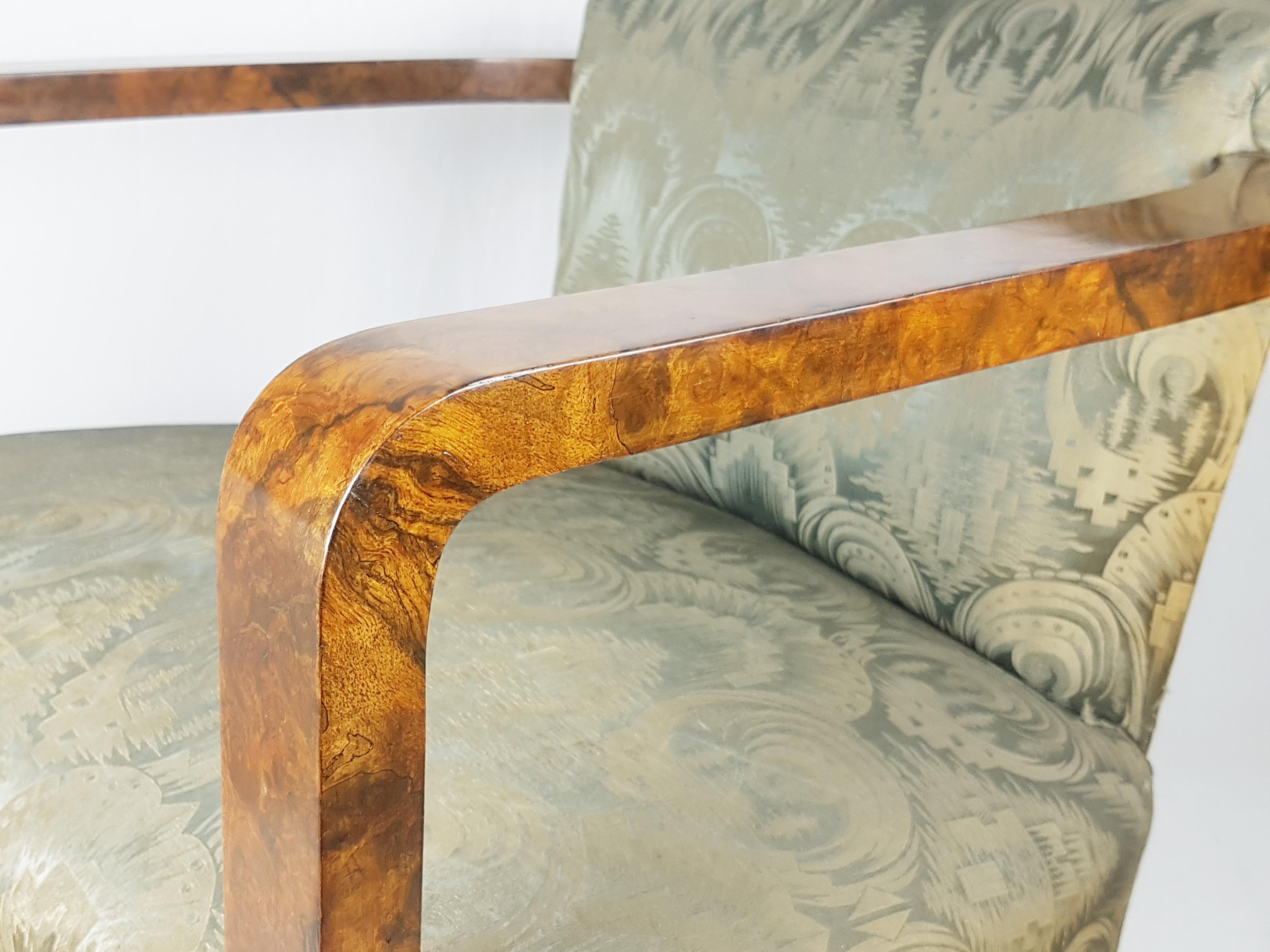 Italian silk & walnut briar root art deco armchairs, set of 2 For Sale 1