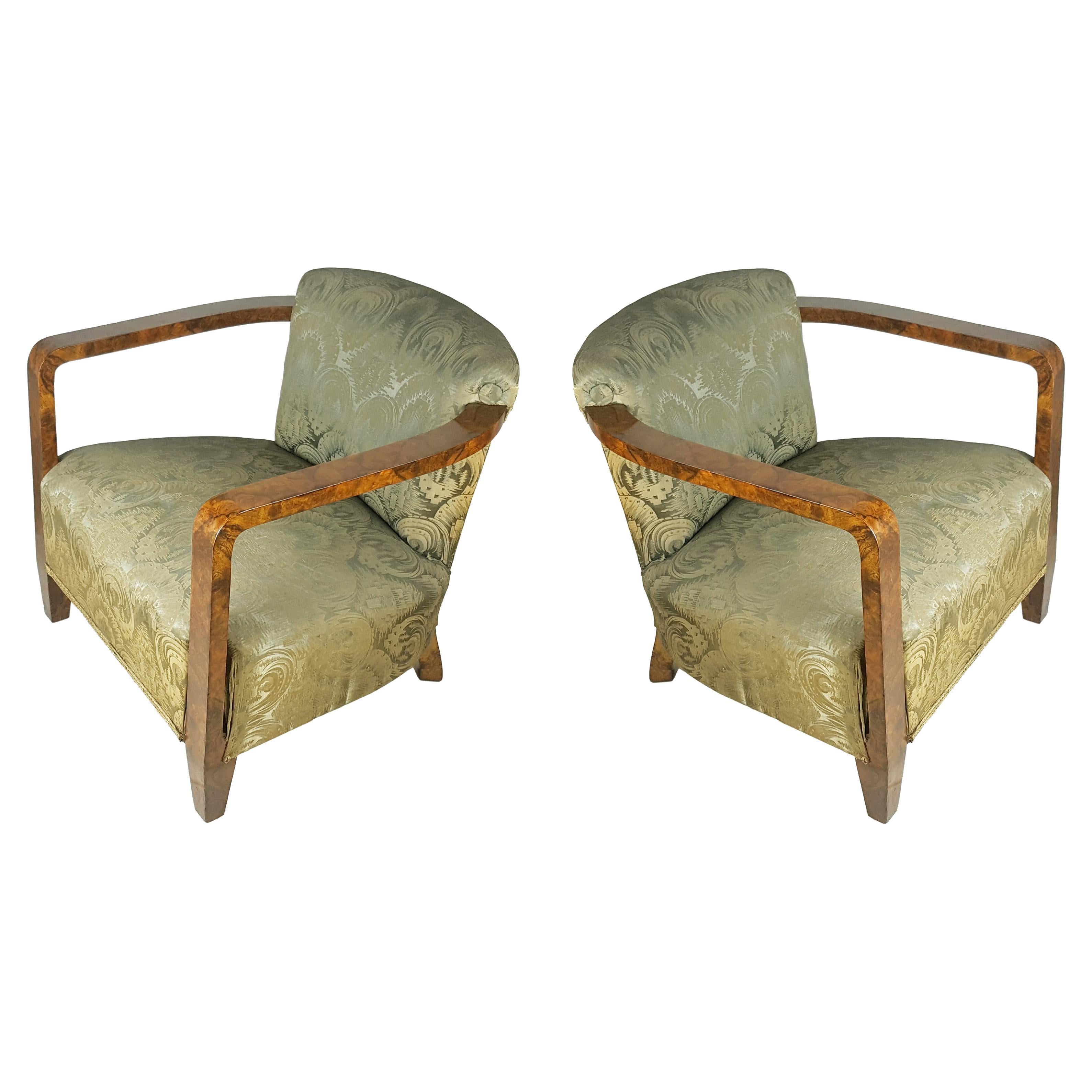 Italian silk & walnut briar root art deco armchairs, set of 2