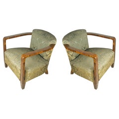 Italian silk & walnut briar root art deco armchairs, set of 2