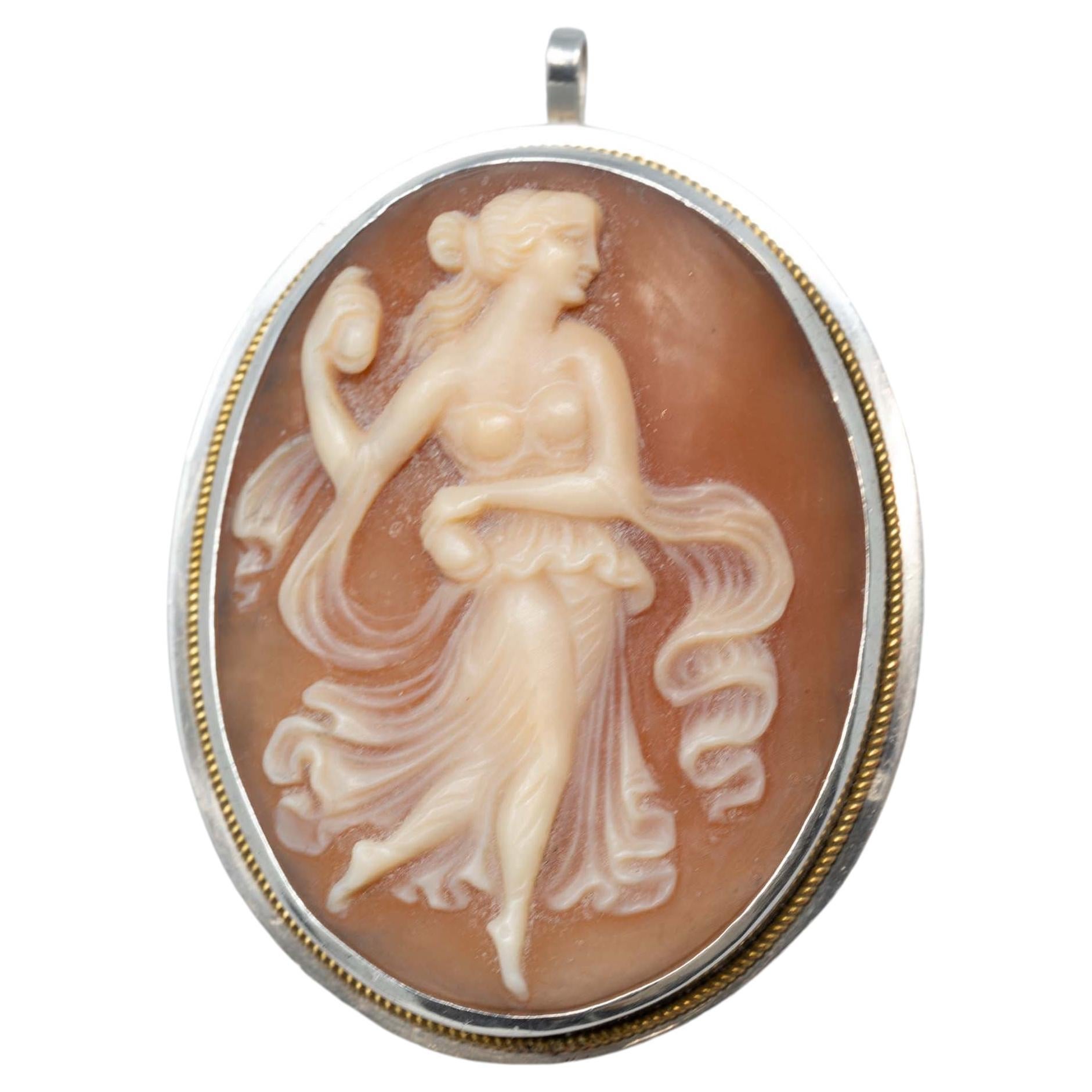 Italian Silver & 14k Gold Cameo Carving of a Lady For Sale