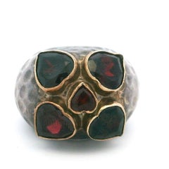 Italian Silver and 18K Yellow Gold Garnet Ring, Late 20th Century