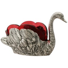 Italian Silver and Cranberry Colored Glass Swan Centerpiece