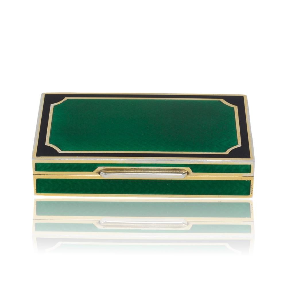 GUILLOCHE ENAMEL AND SILVER GILT

From our collectables category, we are delighted to offer this incredible quality Italian Mid-Century Modern Silver and Enamel Box. The Silver and Enamel Box of slim rectangular form of striking green and black