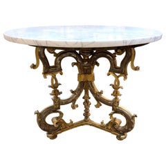Italian Silver and Gold Giltwood Table with Carrara Marble Top