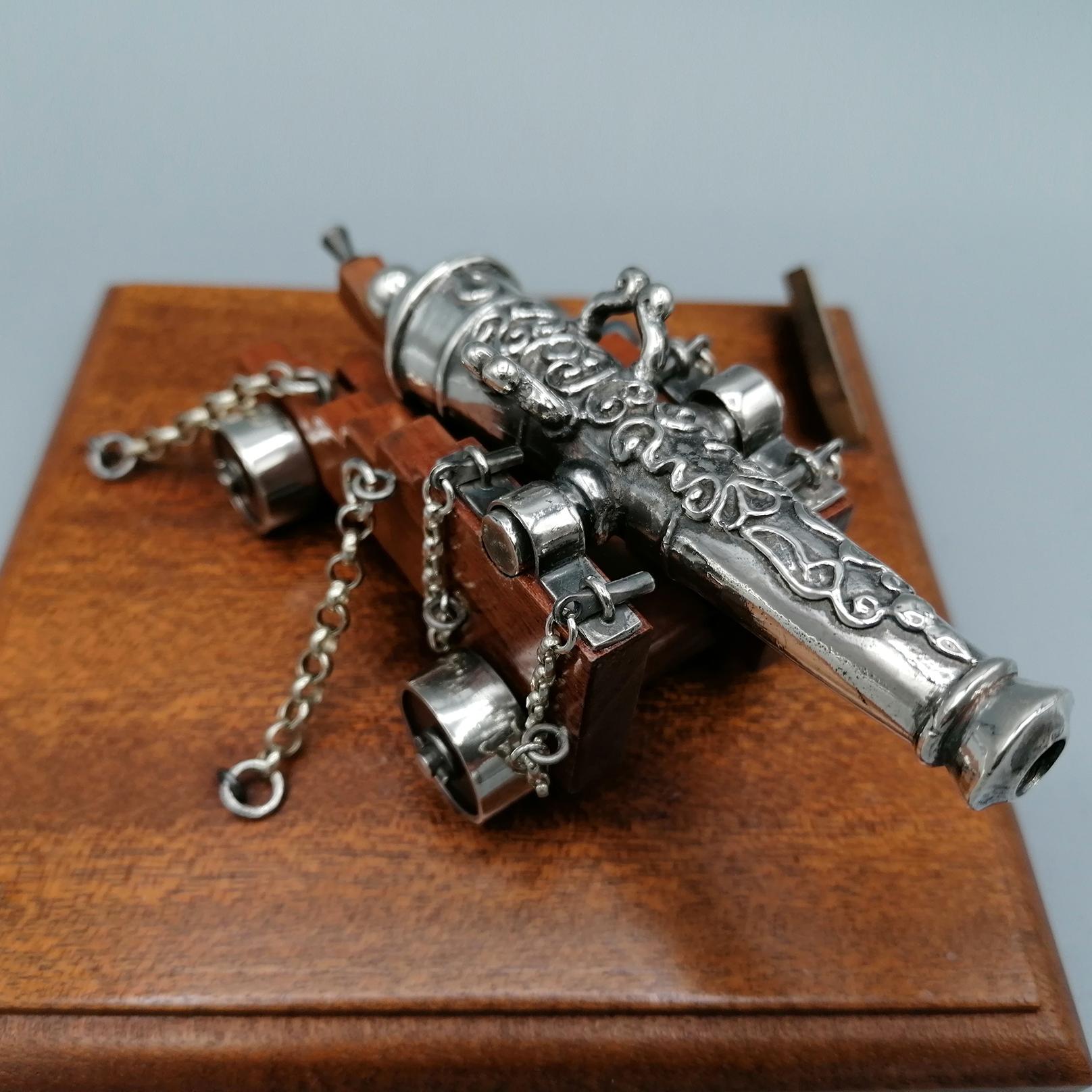 Cast Italian Silver and Wood Miniature of French Navy Cannon For Sale