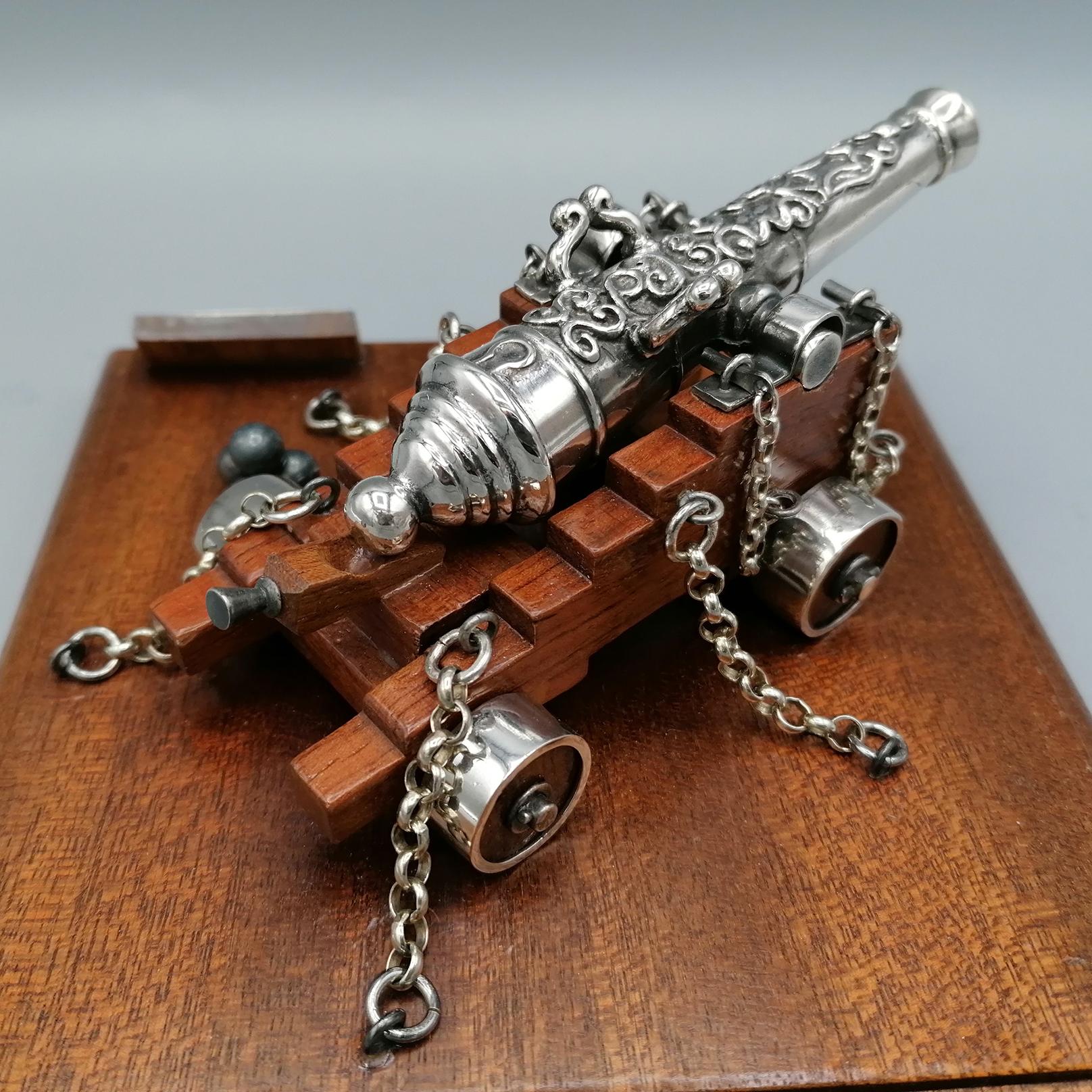 Late 20th Century Italian Silver and Wood Miniature of French Navy Cannon For Sale