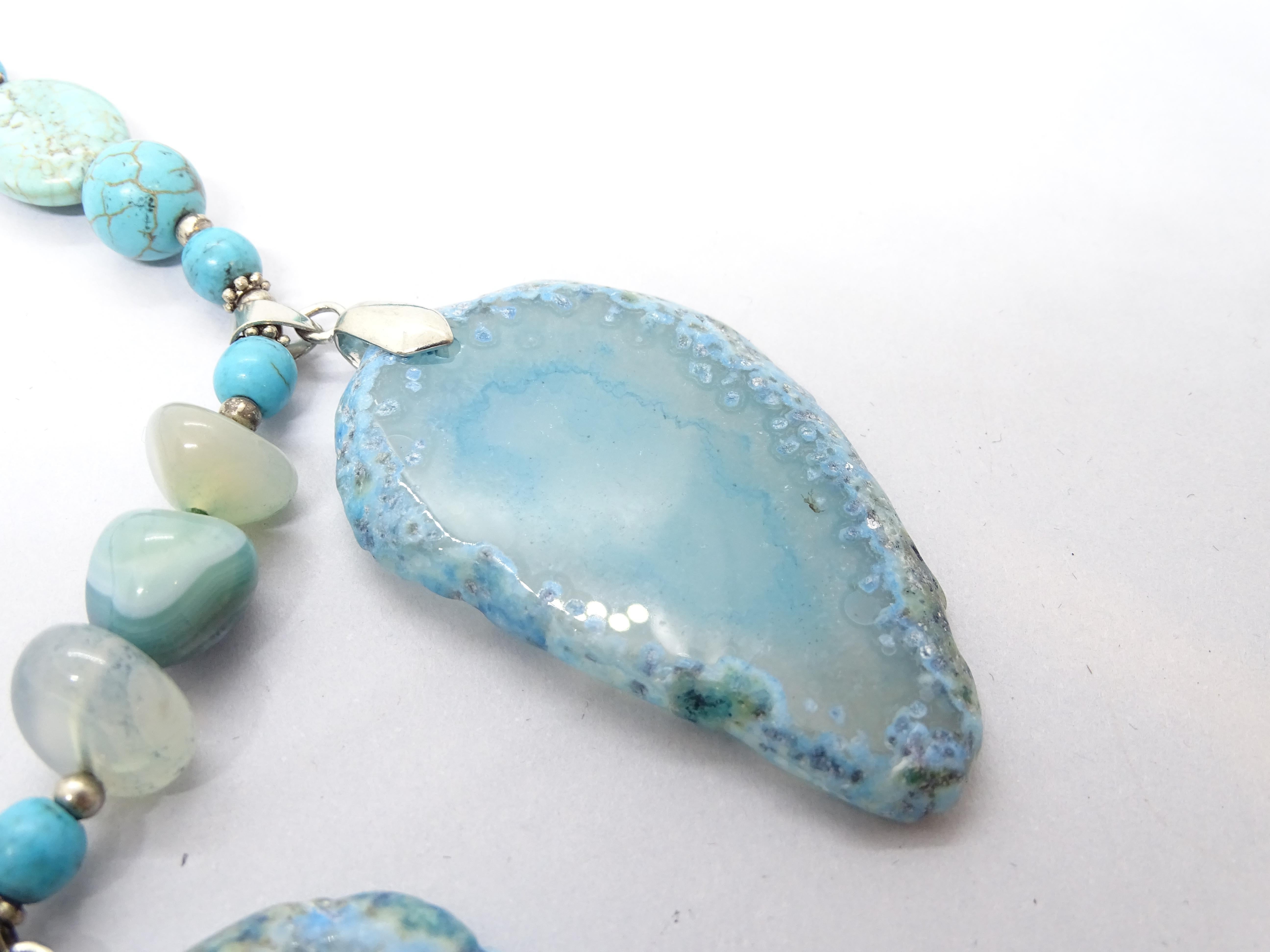 Italian silver Blue Turquoise , Agate , quartz  Drop necklace For Sale 5