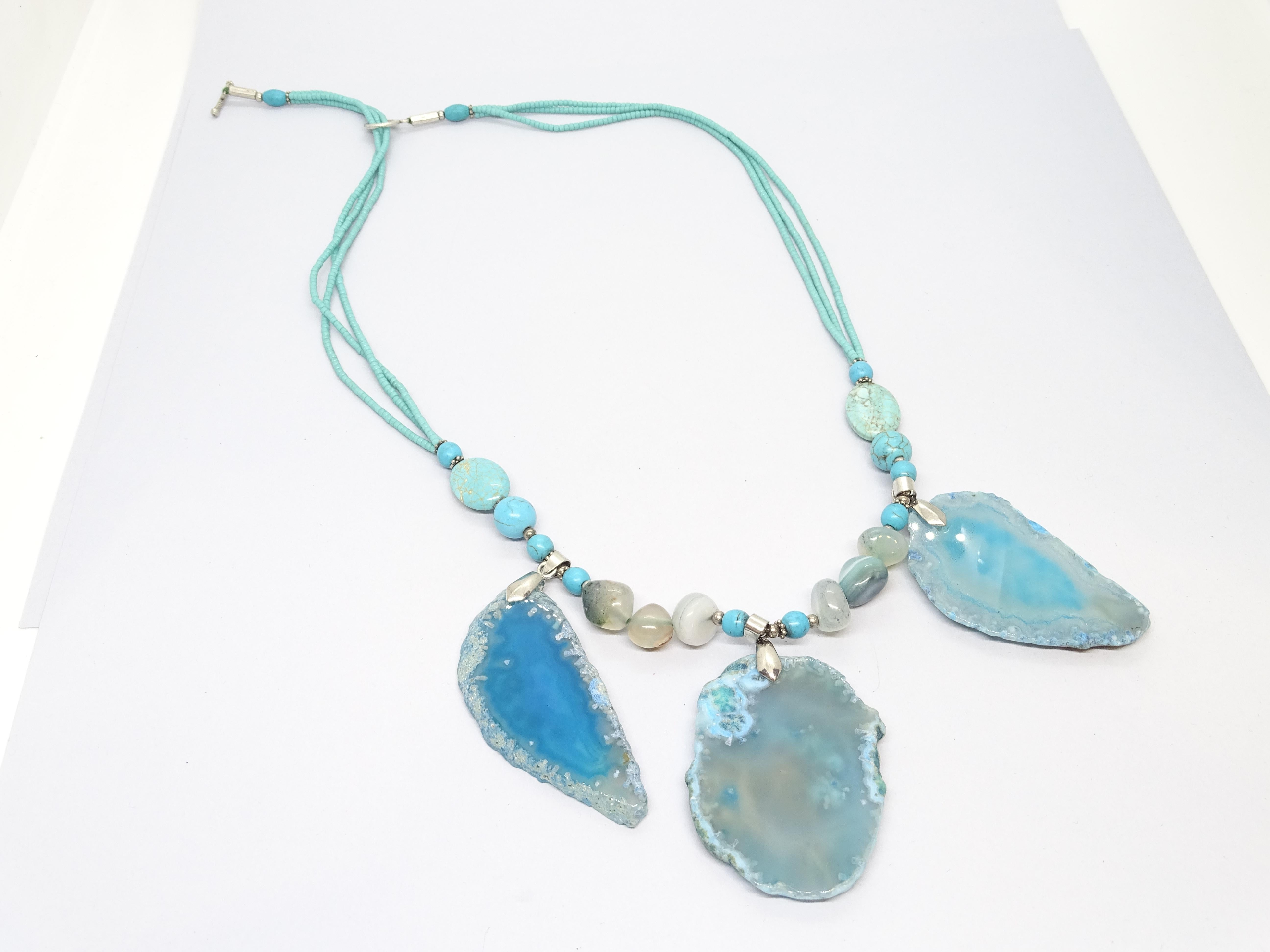 Italian silver Blue Turquoise , Agate , quartz  Drop necklace For Sale 8