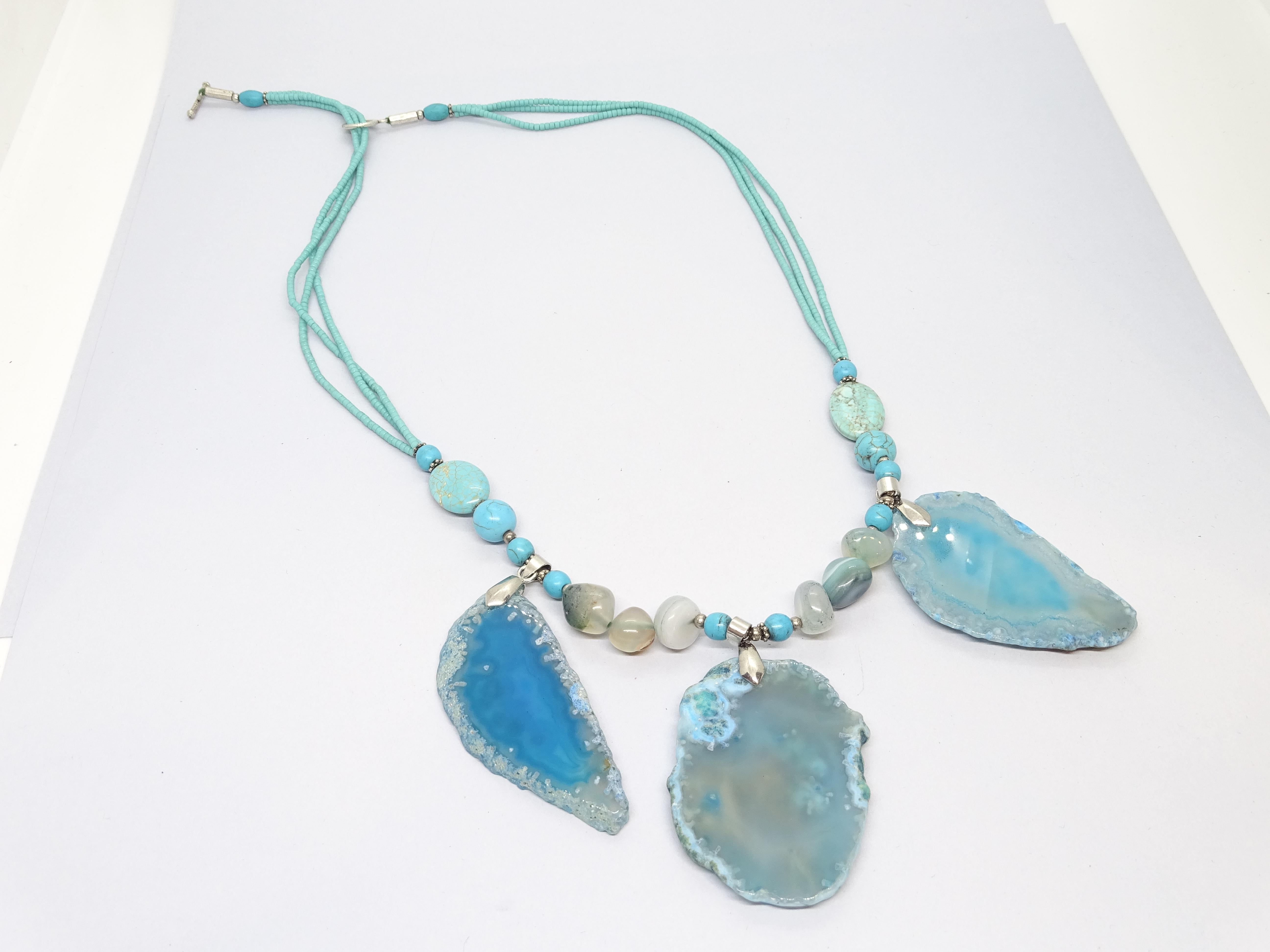 Italian silver Blue Turquoise , Agate , quartz  Drop necklace For Sale 9