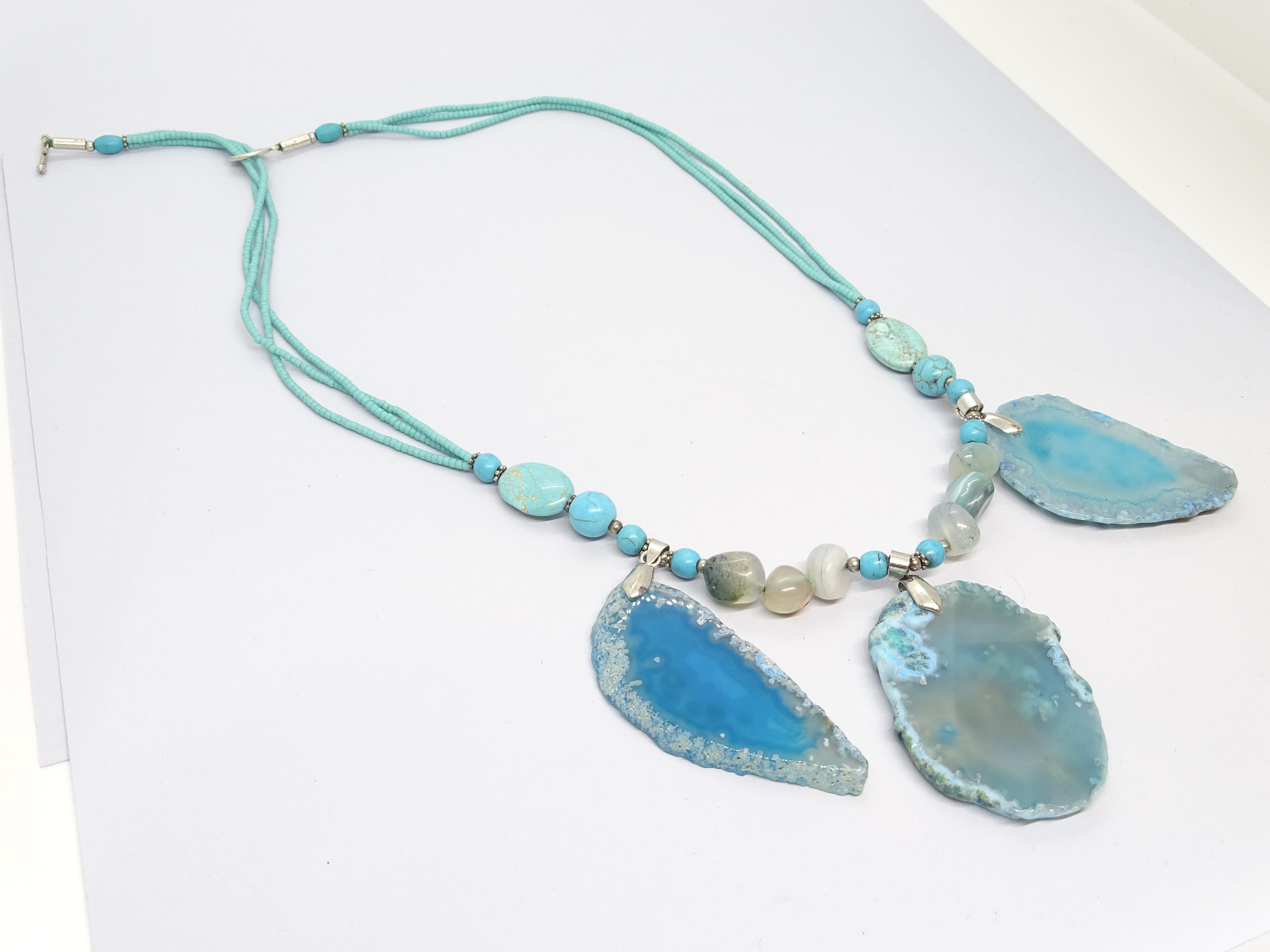 Italian silver Blue Turquoise , Agate , quartz  Drop necklace For Sale 10
