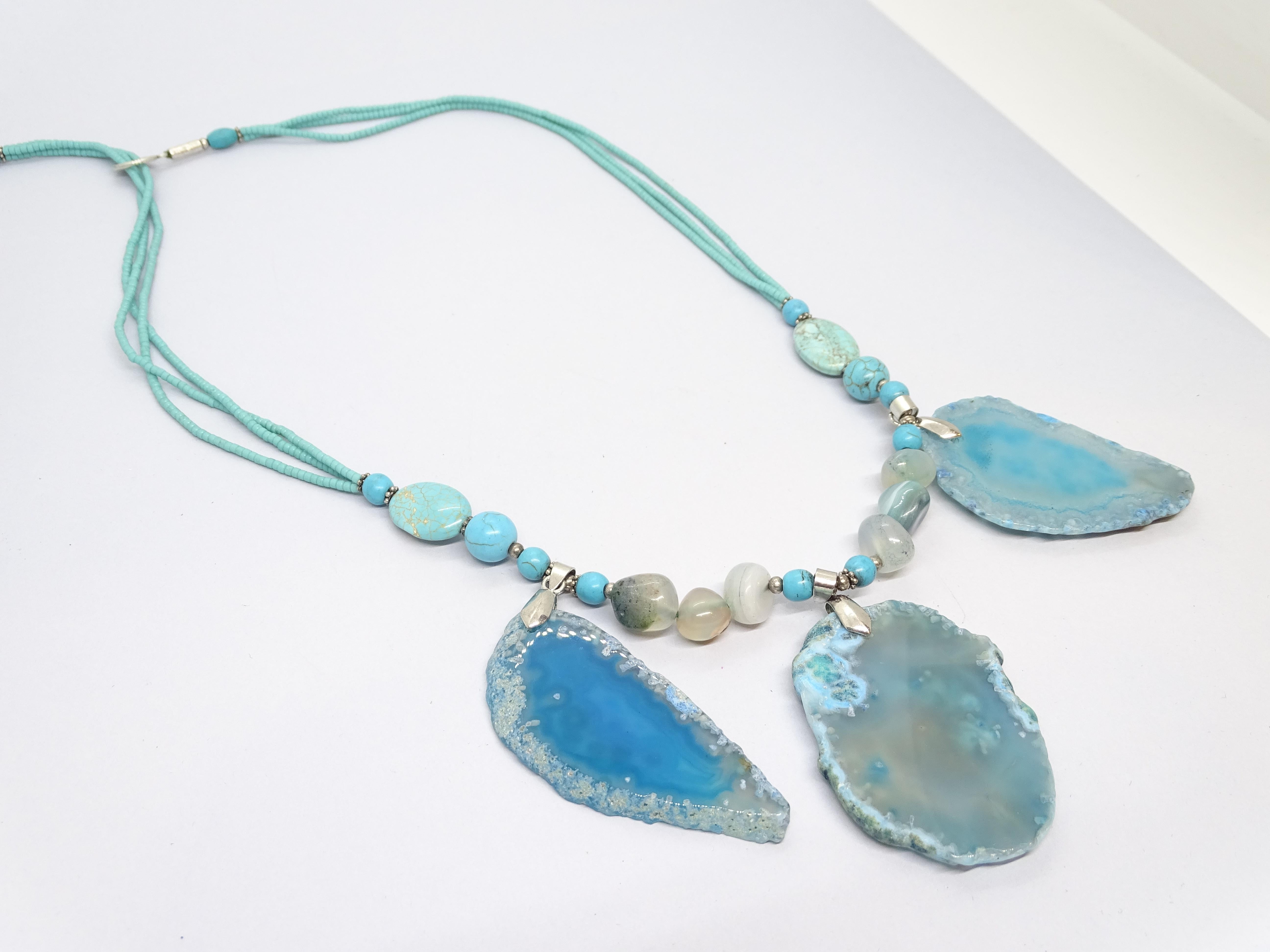 Italian silver Blue Turquoise , Agate , quartz  Drop necklace For Sale 11