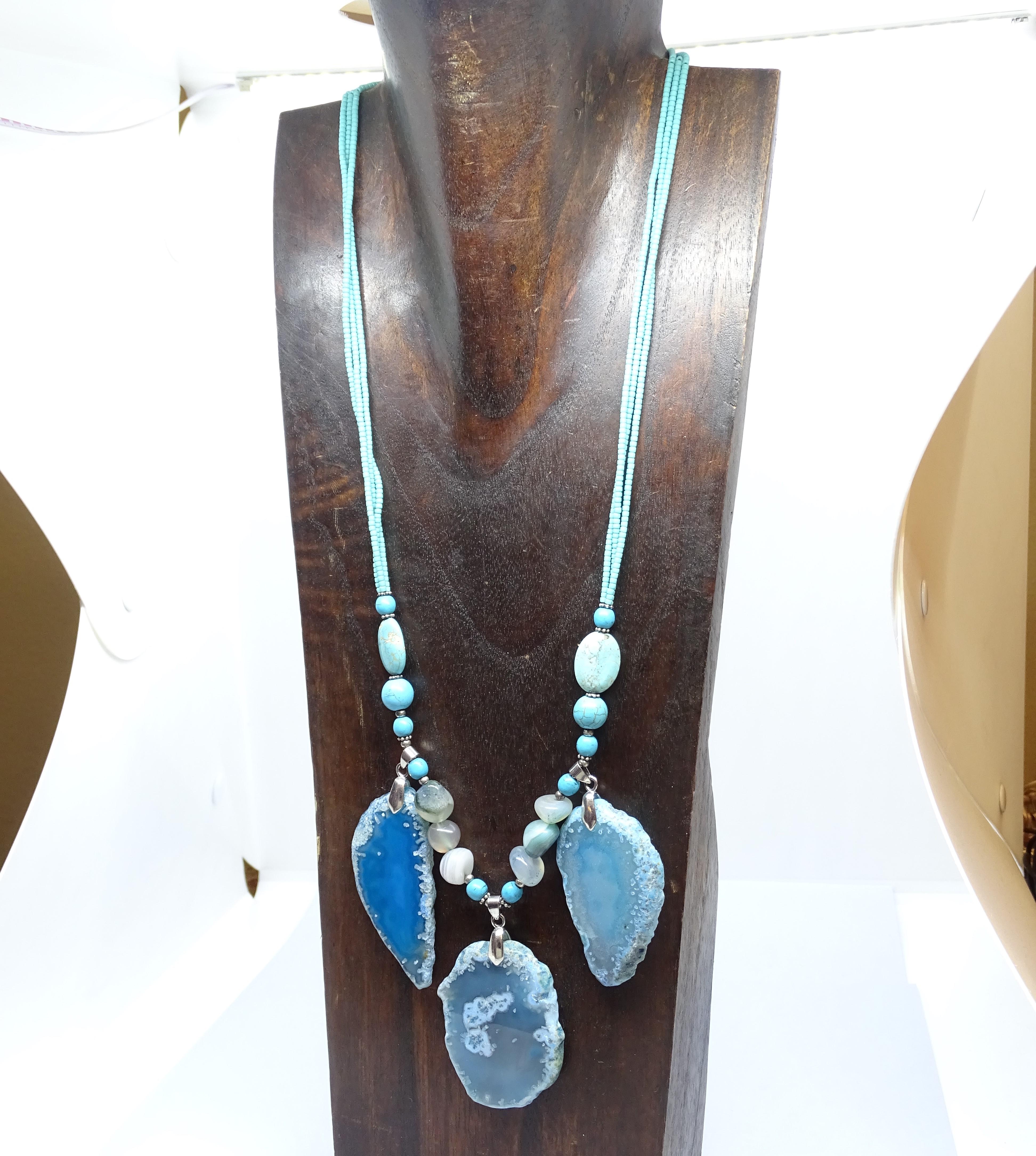 Italian silver Blue Turquoise , Agate , quartz  Drop necklace For Sale 14