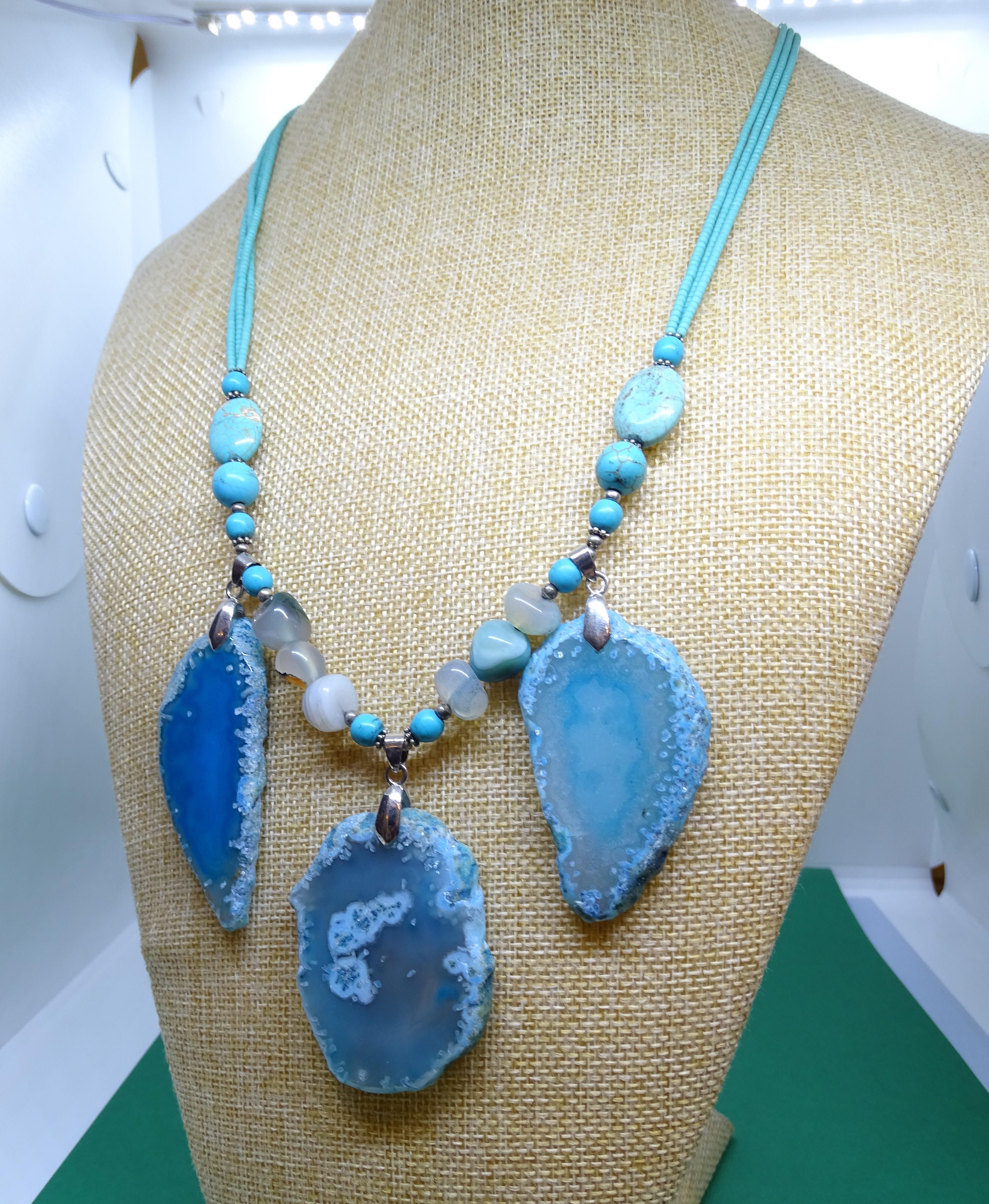 Artisan Italian silver Blue Turquoise , Agate , quartz  Drop necklace For Sale