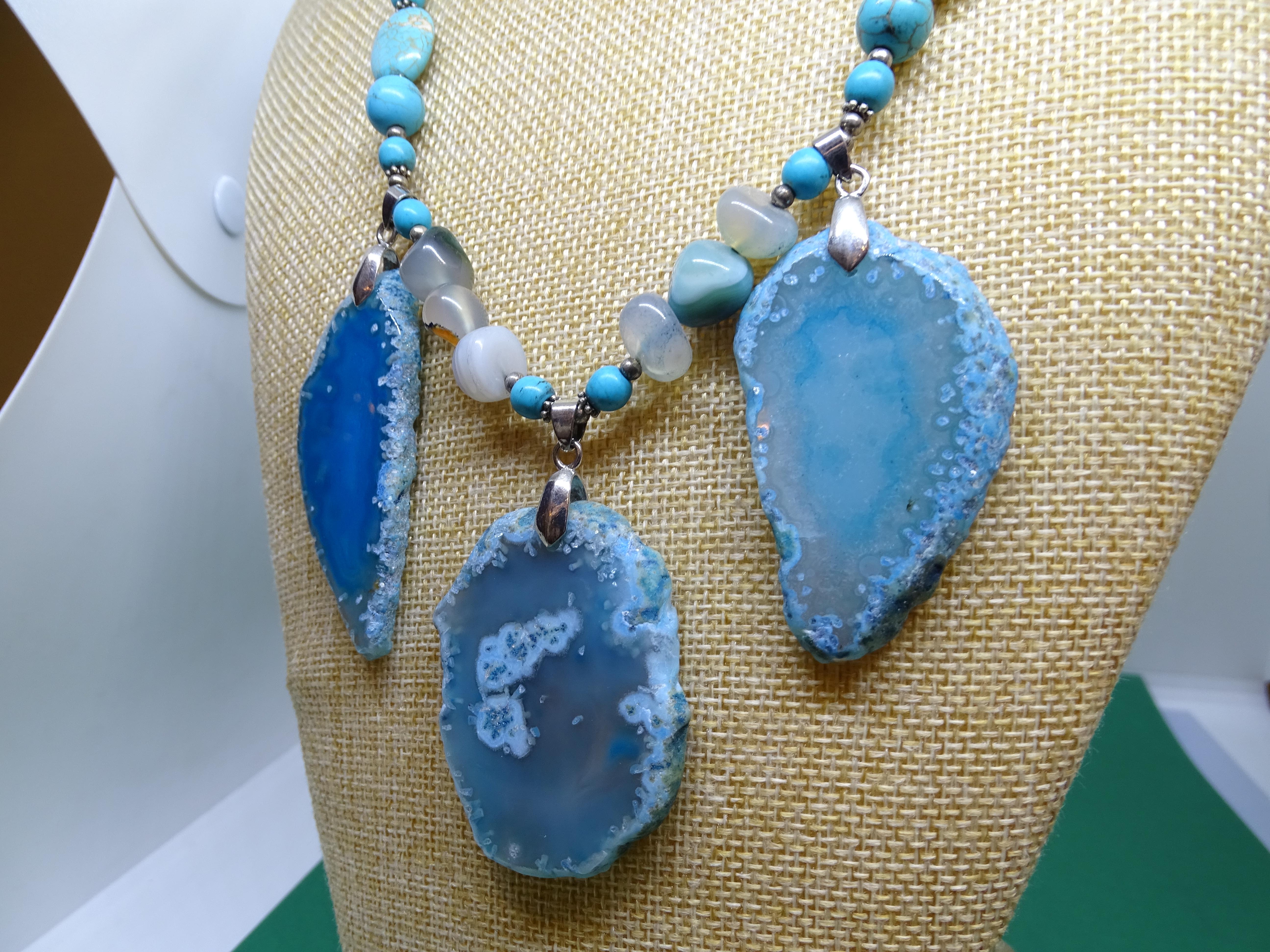 Mixed Cut Italian silver Blue Turquoise , Agate , quartz  Drop necklace For Sale