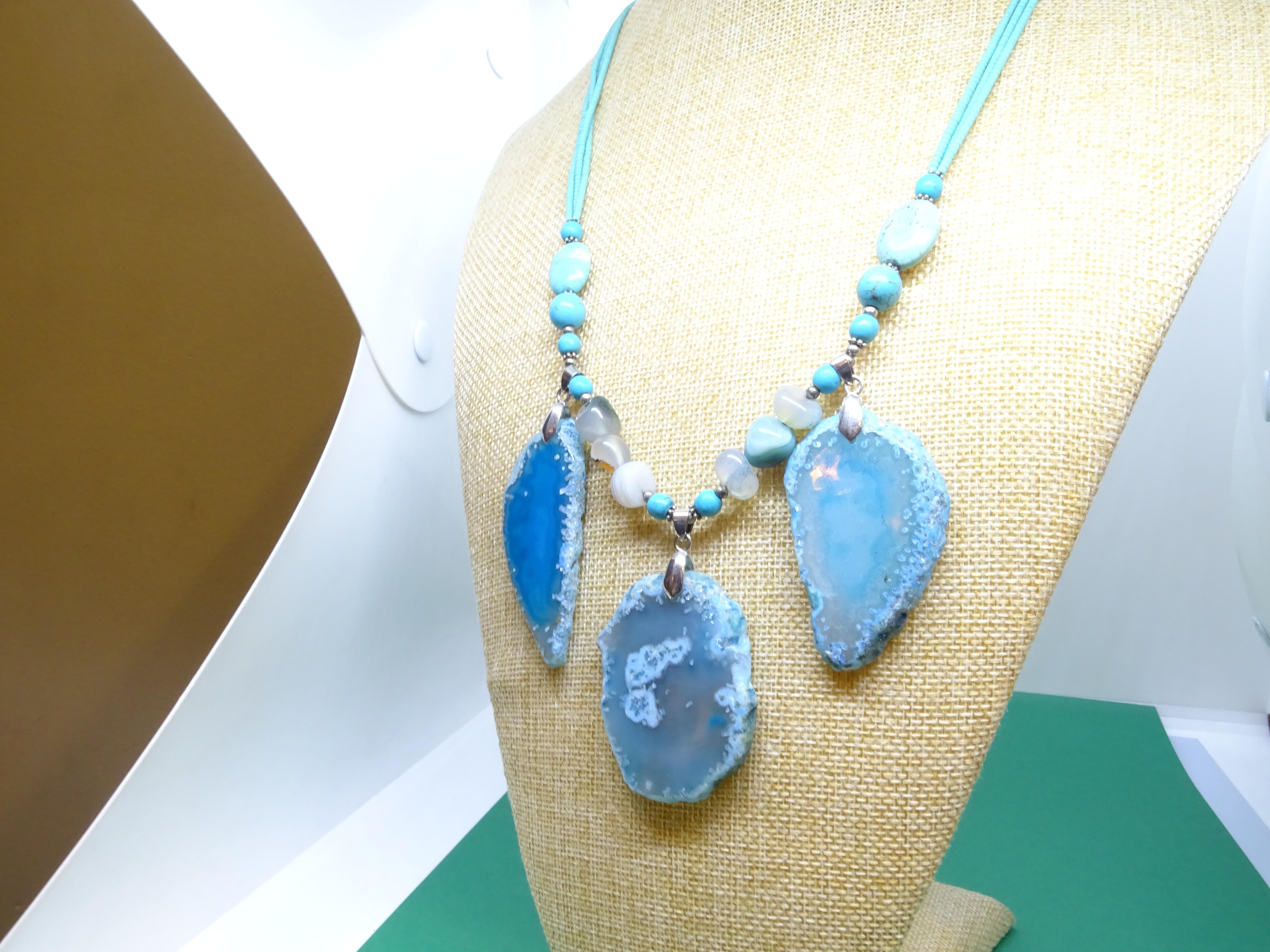 Women's or Men's Italian silver Blue Turquoise , Agate , quartz  Drop necklace For Sale