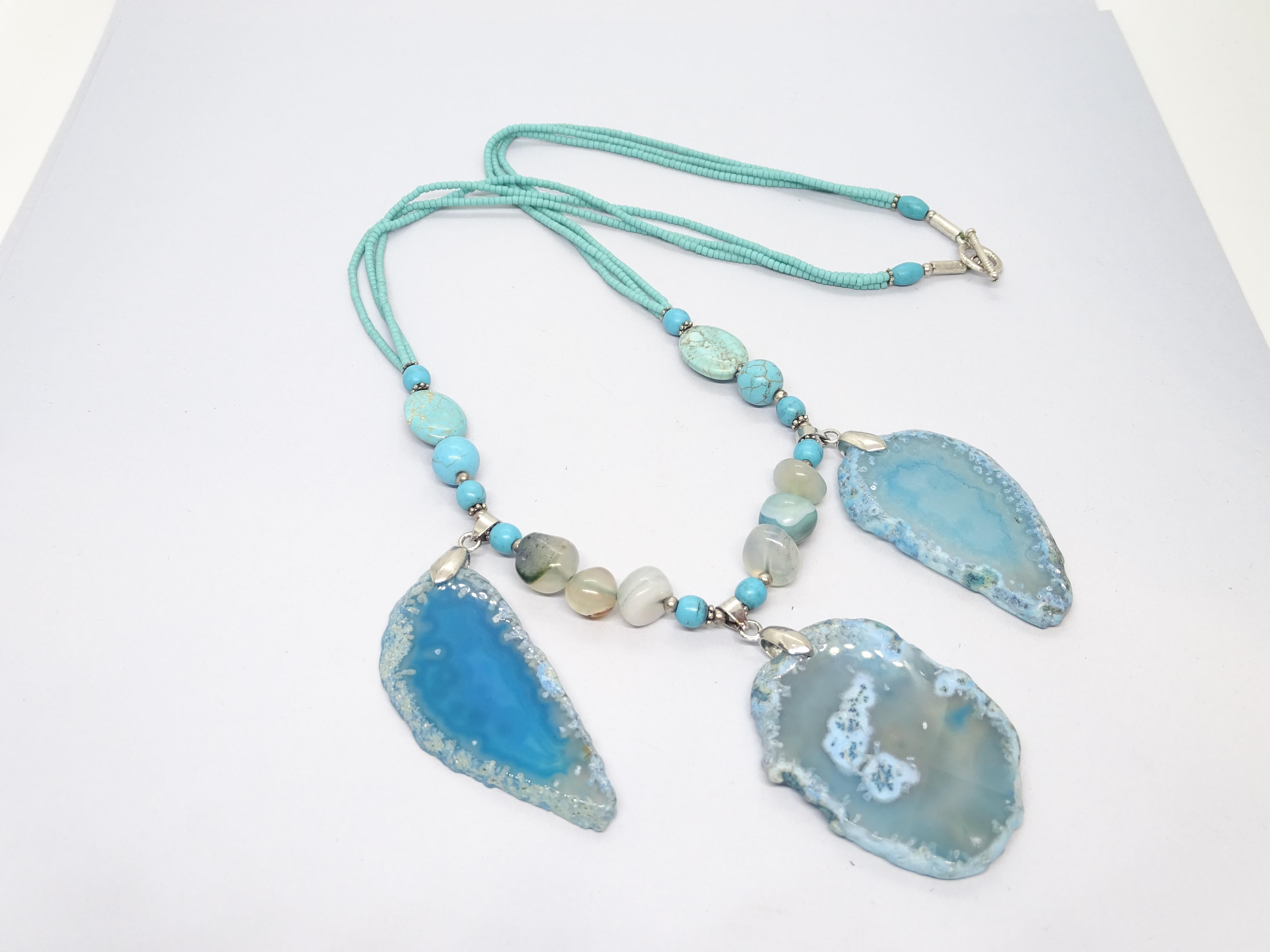 Italian silver Blue Turquoise , Agate , quartz  Drop necklace For Sale 2