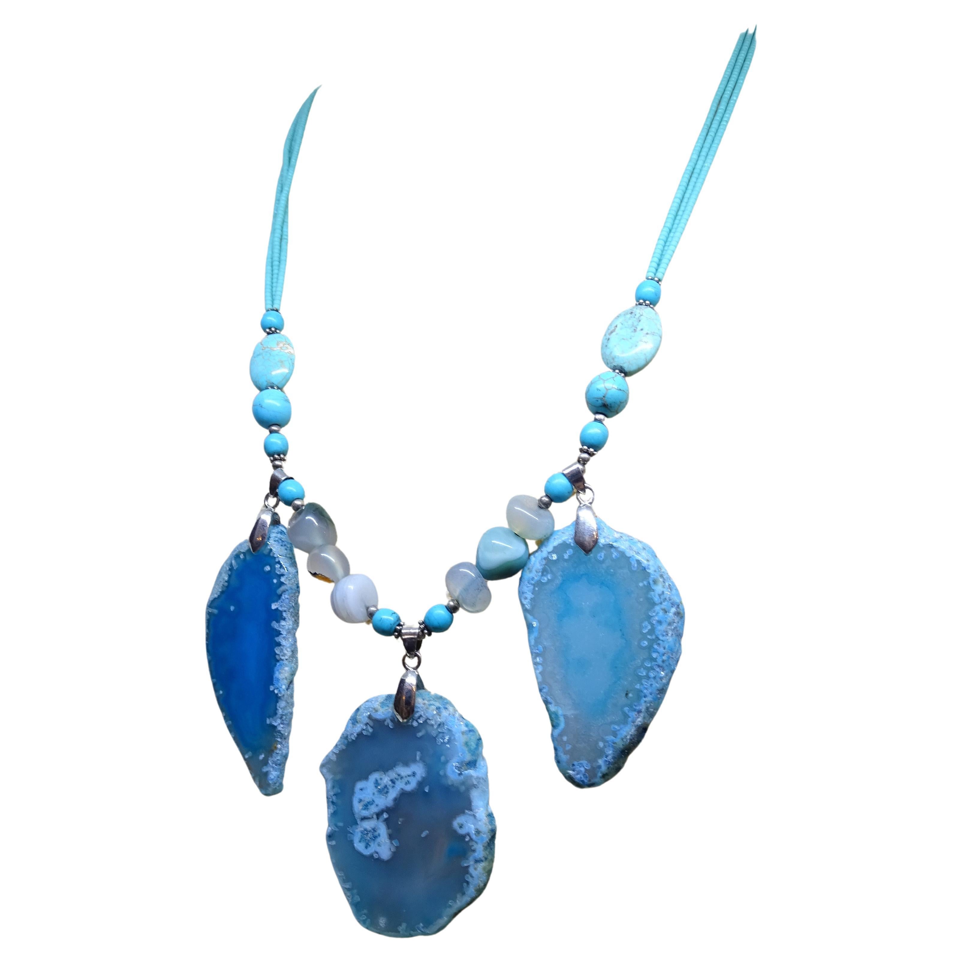 Italian silver Blue Turquoise , Agate , quartz  Drop necklace For Sale