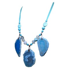 Vintage Italian silver Blue Turquoise , Agate , quartz  Drop necklace