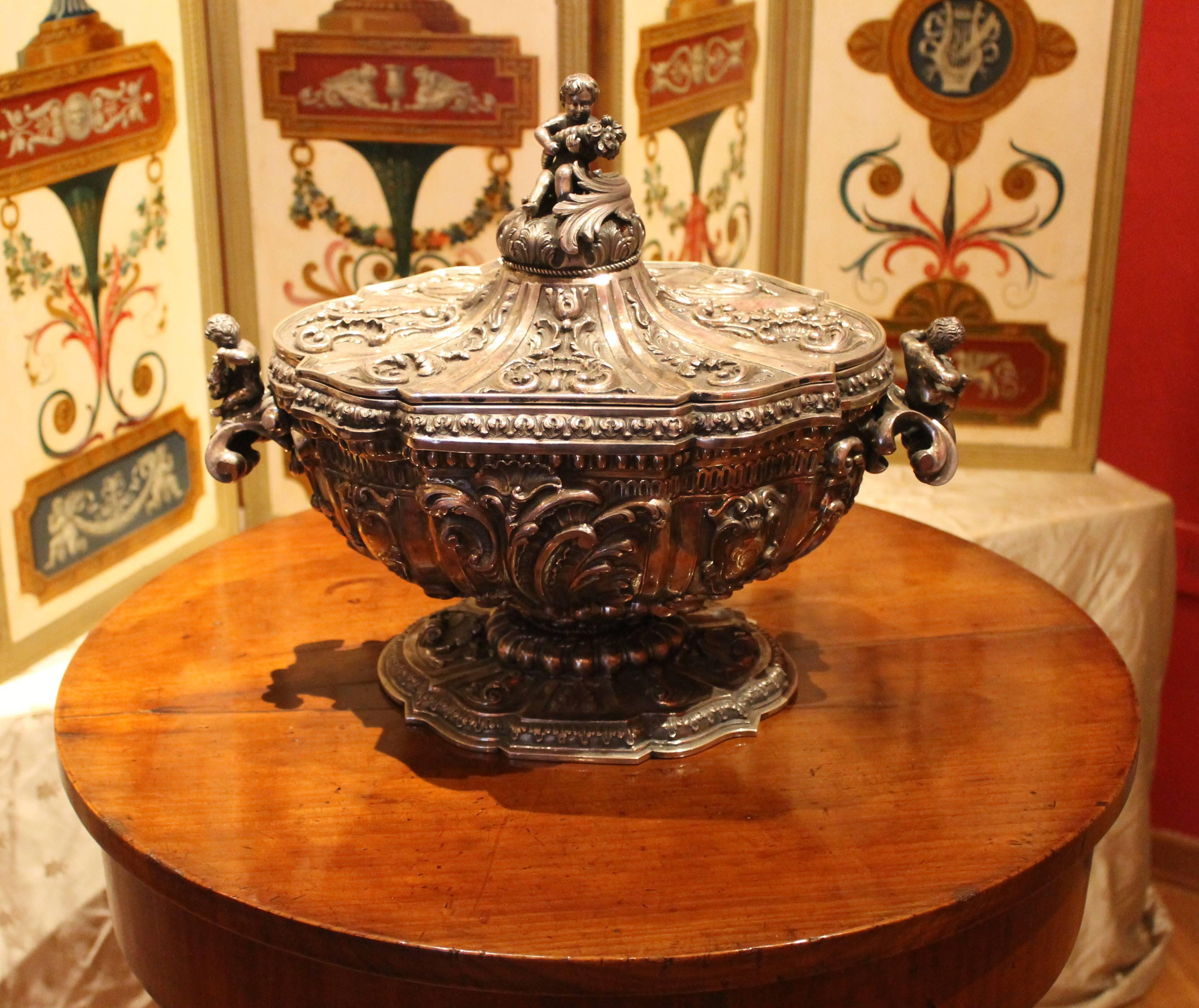 Gold Plate 19th Century Italian Baroque Style Silver Centerpiece Bowl or Soup Tureen