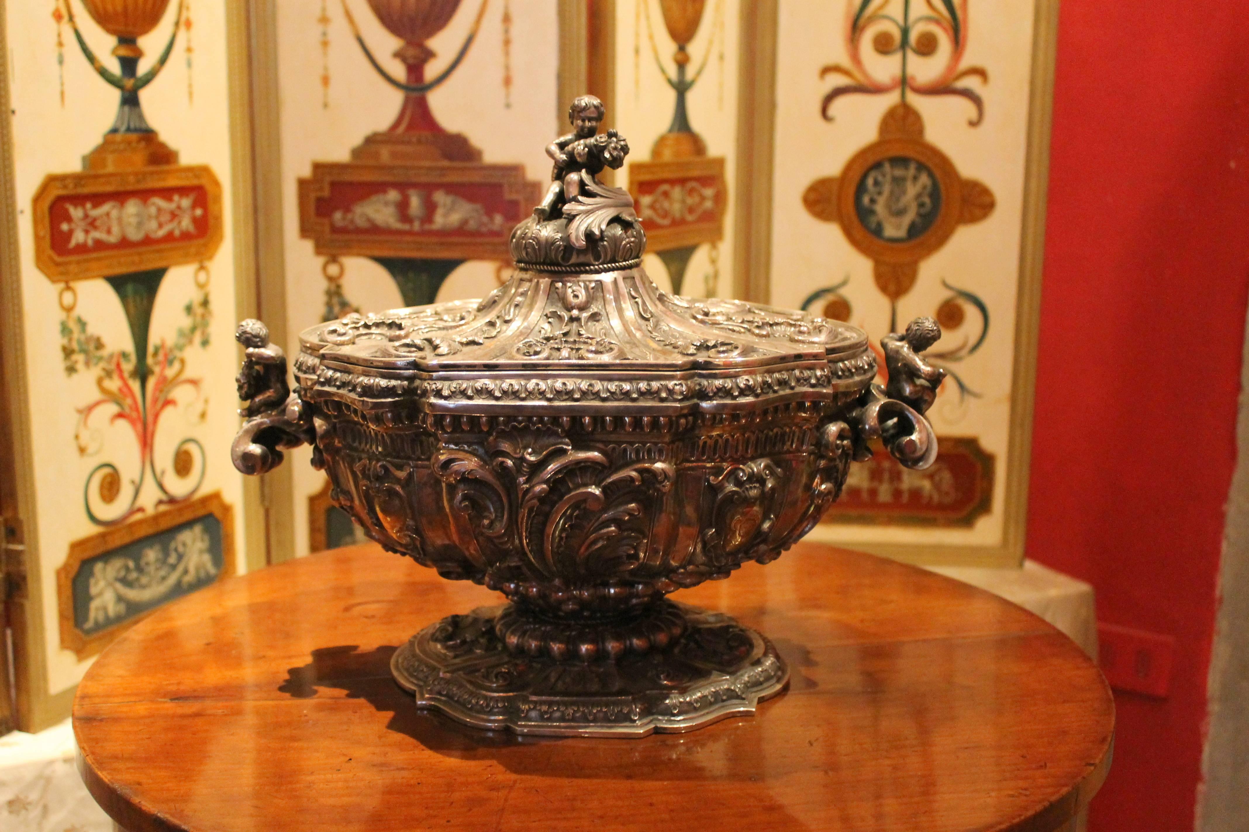 Hand-Carved 19th Century Italian Baroque Style Silver Centerpiece Bowl or Soup Tureen