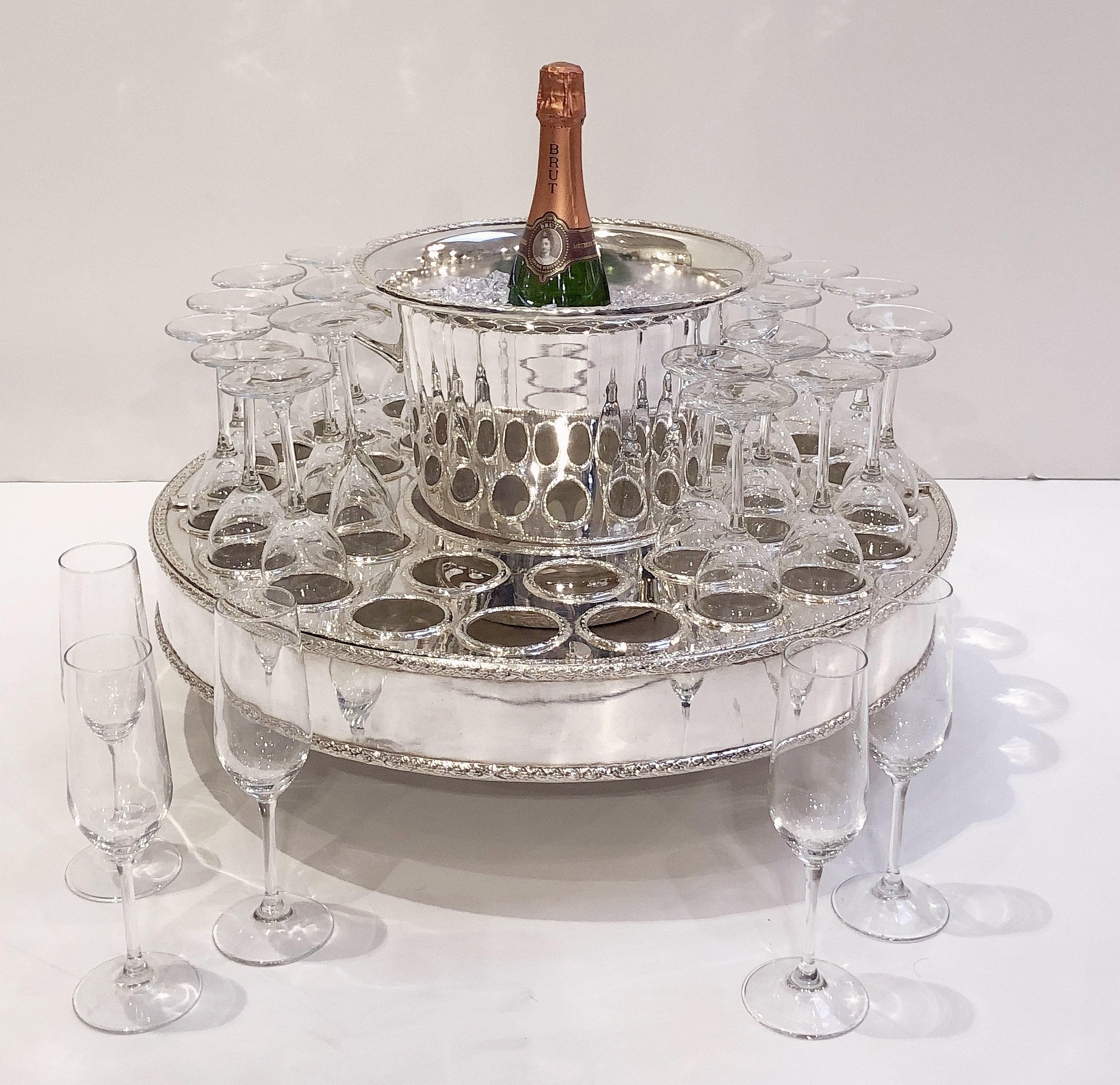 Italian Silver Champagne Service with Revolving Stand, Wine Cooler, and Glasses 3