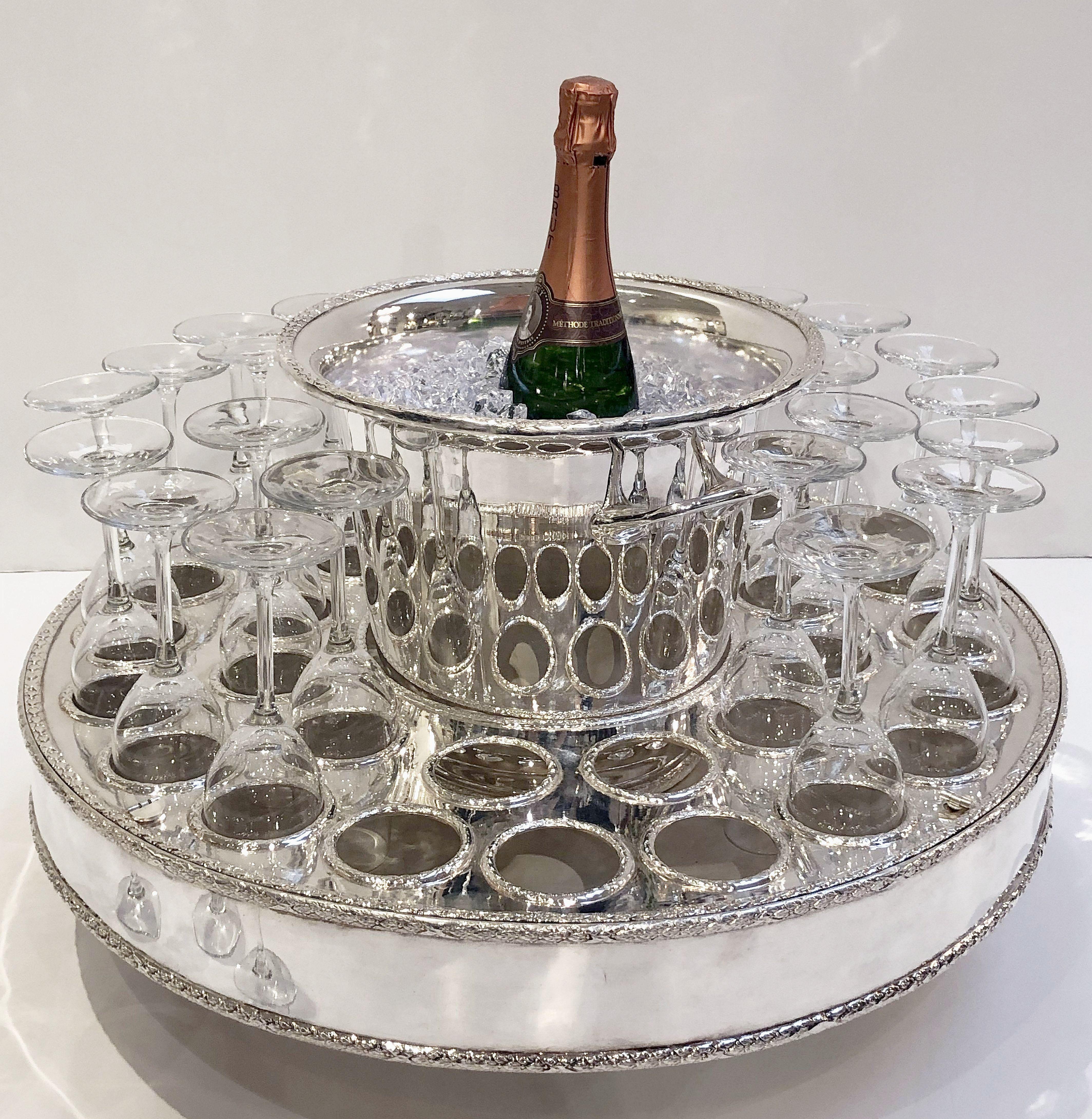 Italian Silver Champagne Service with Revolving Stand, Wine Cooler, and Glasses 4