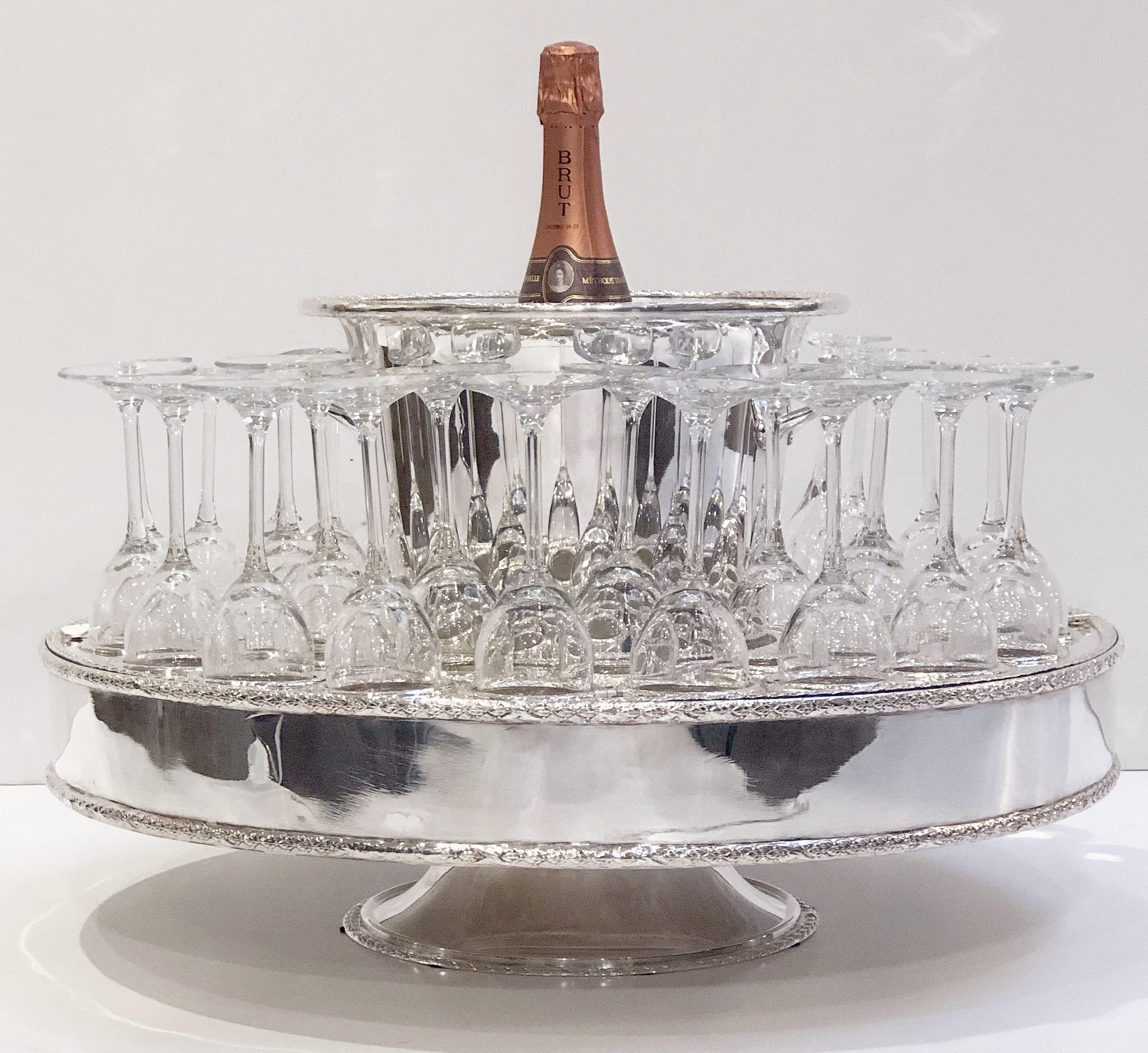 Italian Silver Champagne Service with Revolving Stand, Wine Cooler, and Glasses 6