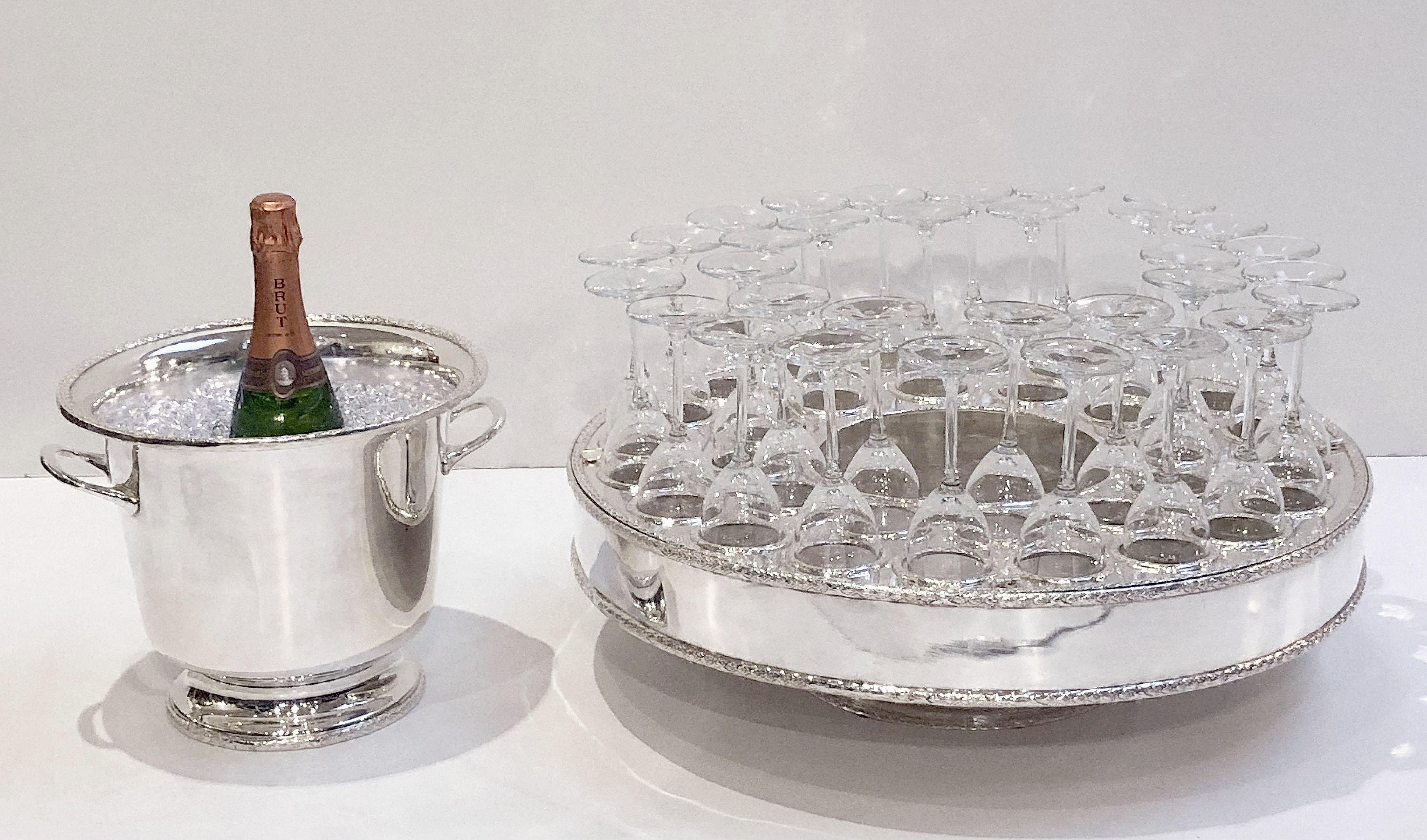 Italian Silver Champagne Service with Revolving Stand, Wine Cooler, and Glasses 7