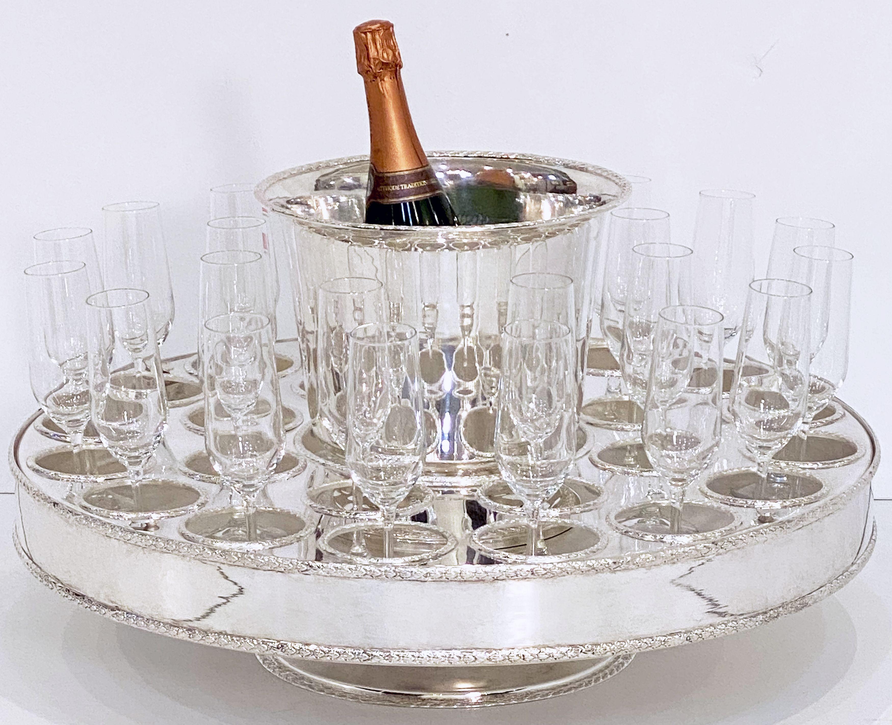 Italian Silver Champagne Service with Revolving Stand, Wine Cooler, and Glasses 8