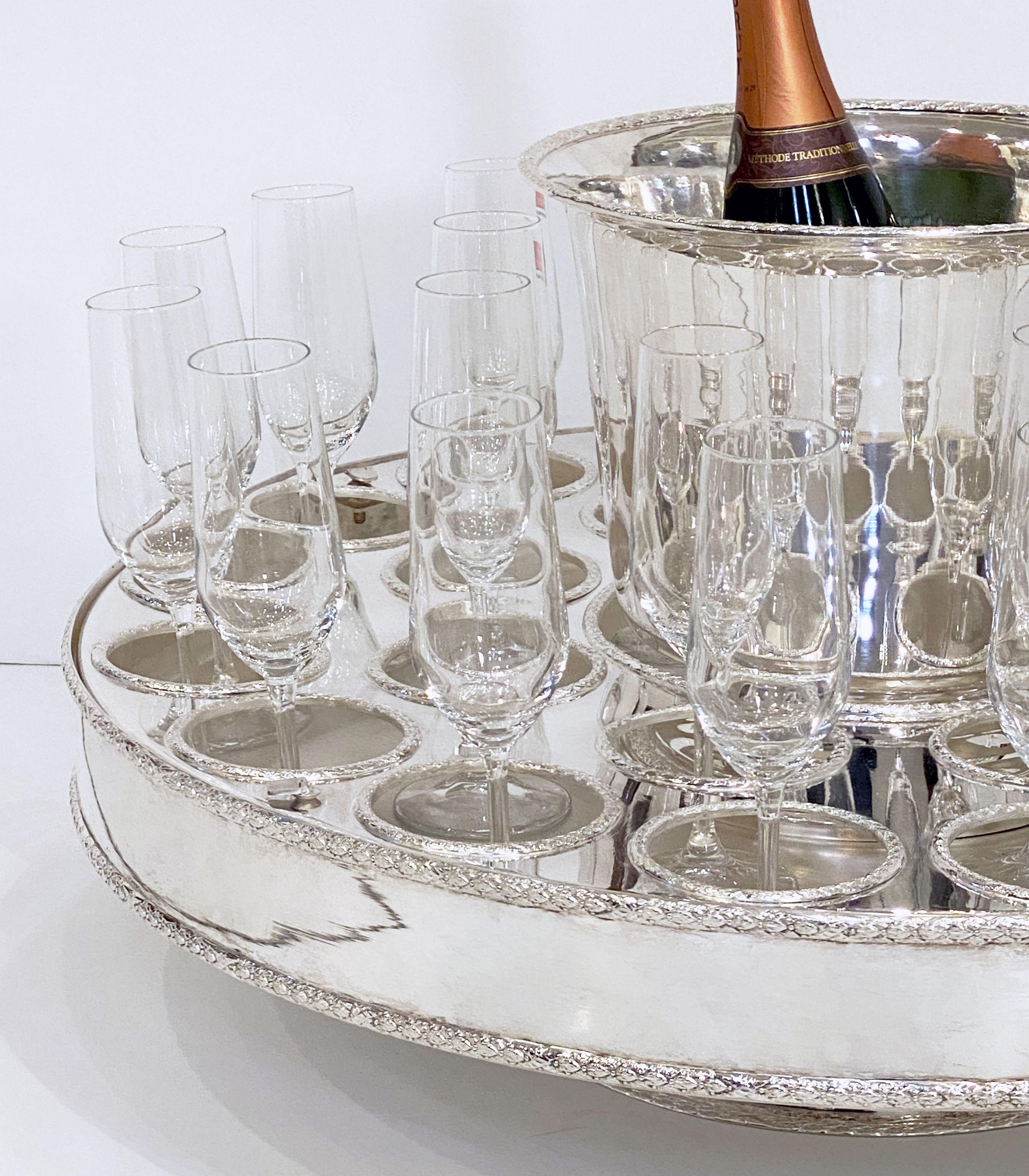 Italian Silver Champagne Service with Revolving Stand, Wine Cooler, and Glasses 9