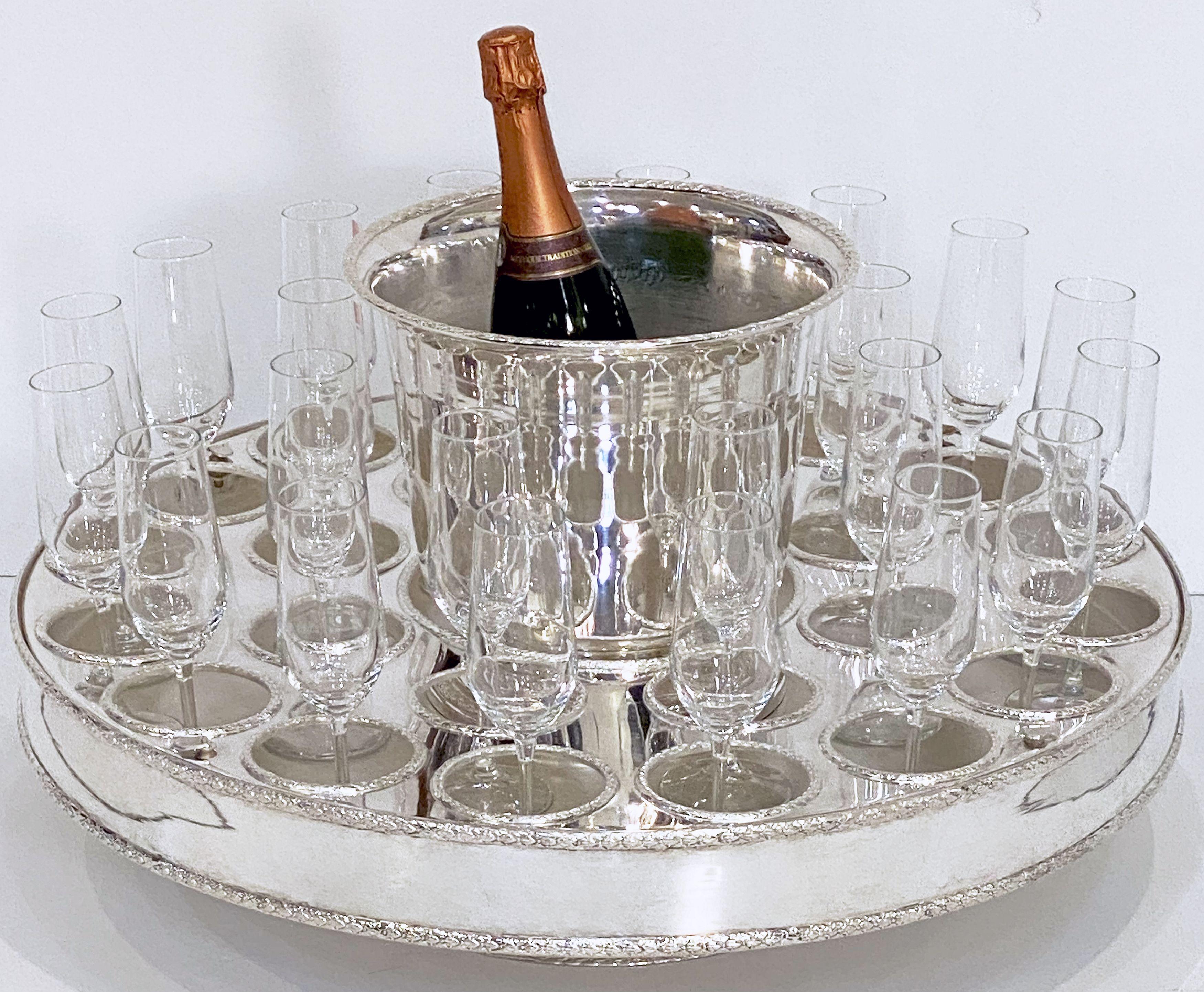 Italian Silver Champagne Service with Revolving Stand, Wine Cooler, and Glasses In Good Condition In Austin, TX