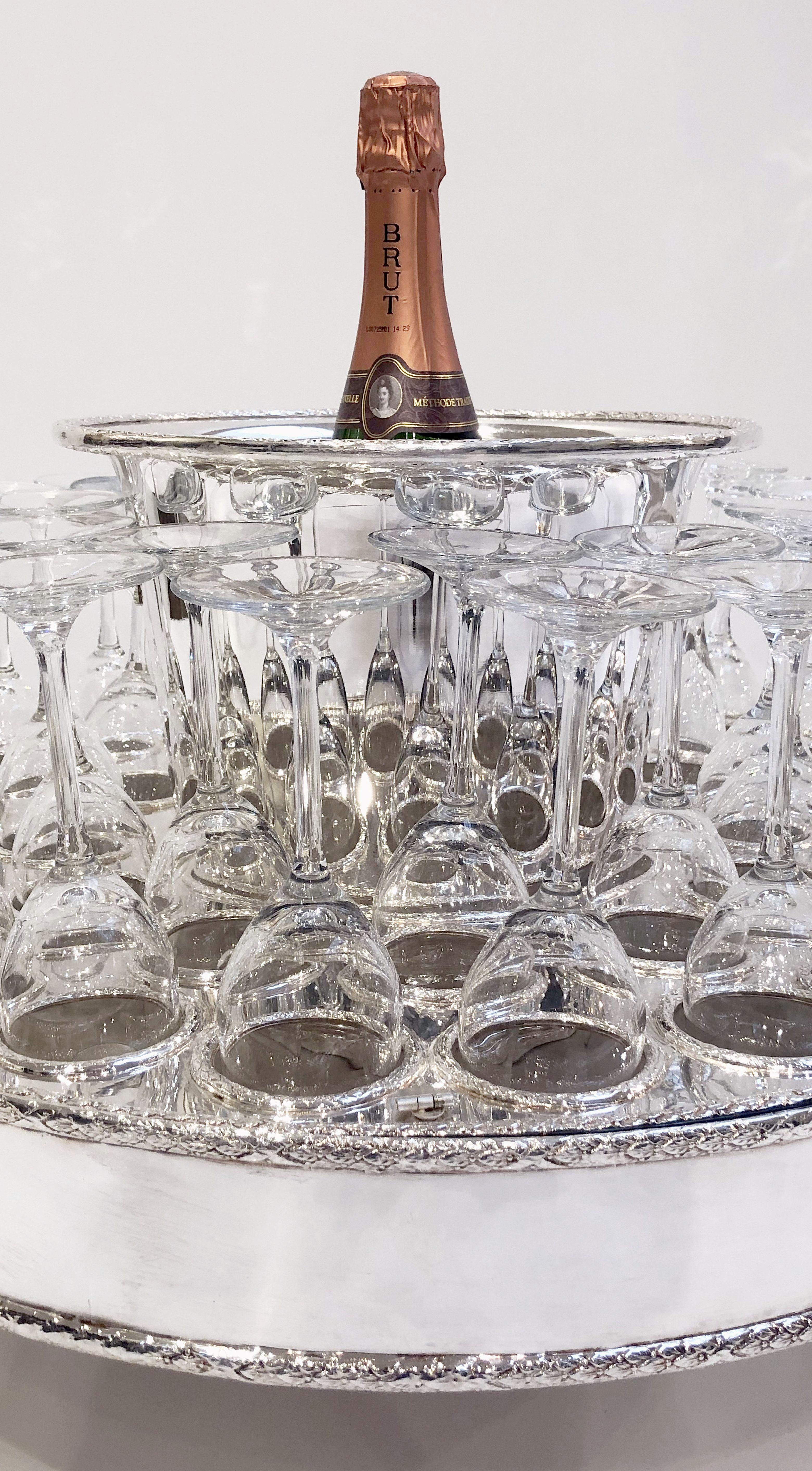 Italian Silver Champagne Service with Revolving Stand, Wine Cooler, and Glasses In Good Condition In Austin, TX
