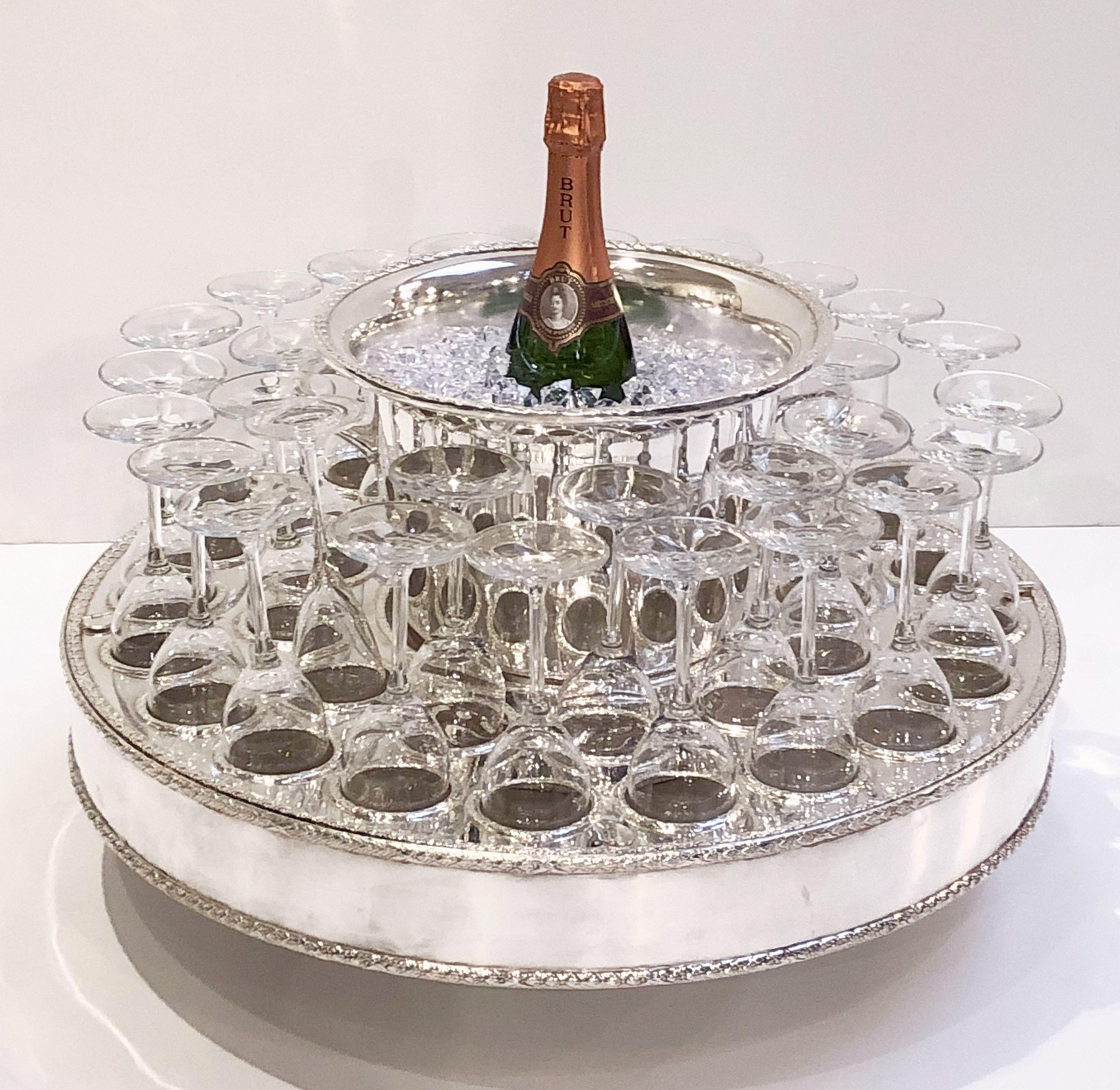 Italian Silver Champagne Service with Revolving Stand, Wine Cooler, and Glasses 2