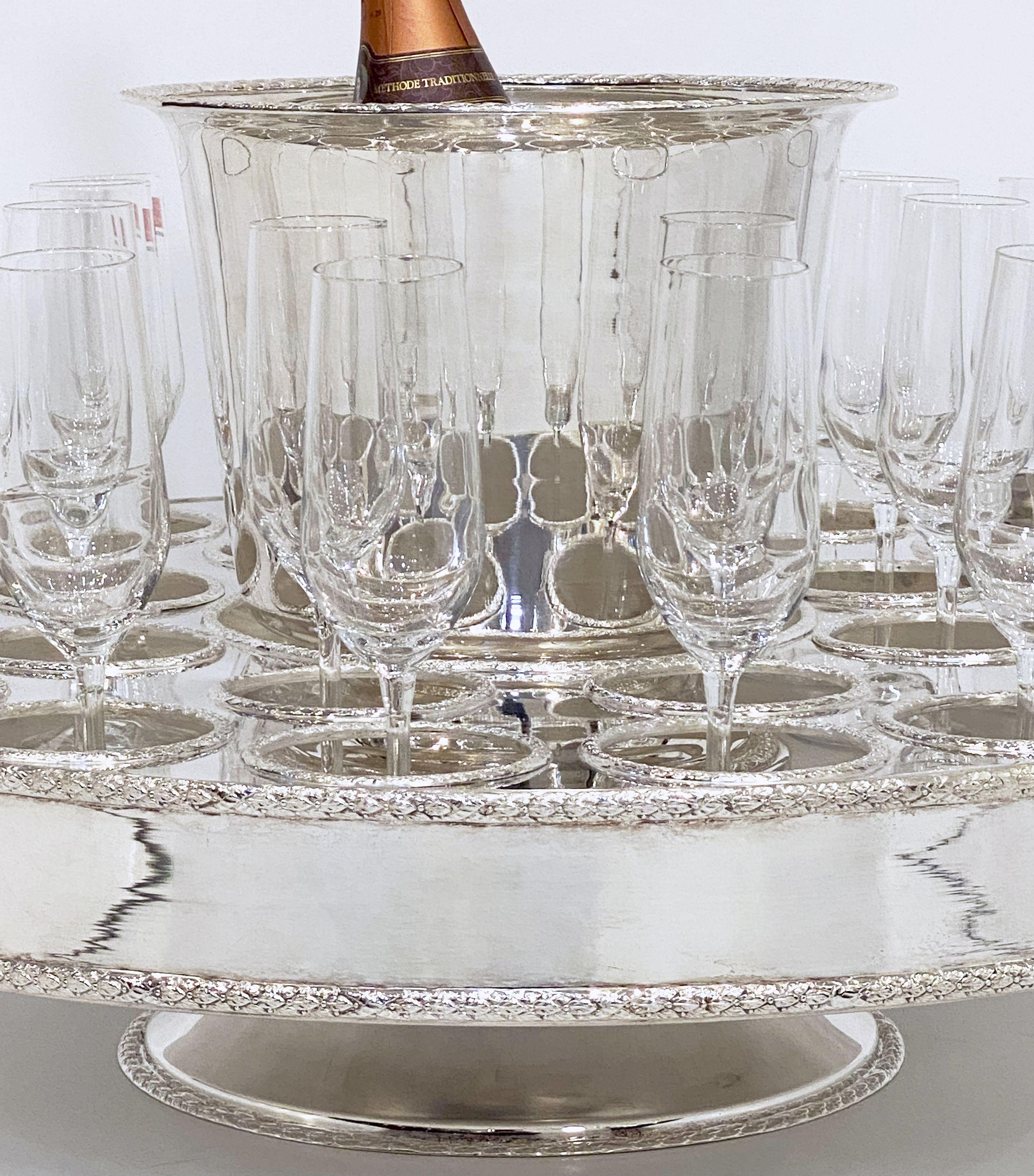 Italian Silver Champagne Service with Revolving Stand, Wine Cooler, and Glasses 3