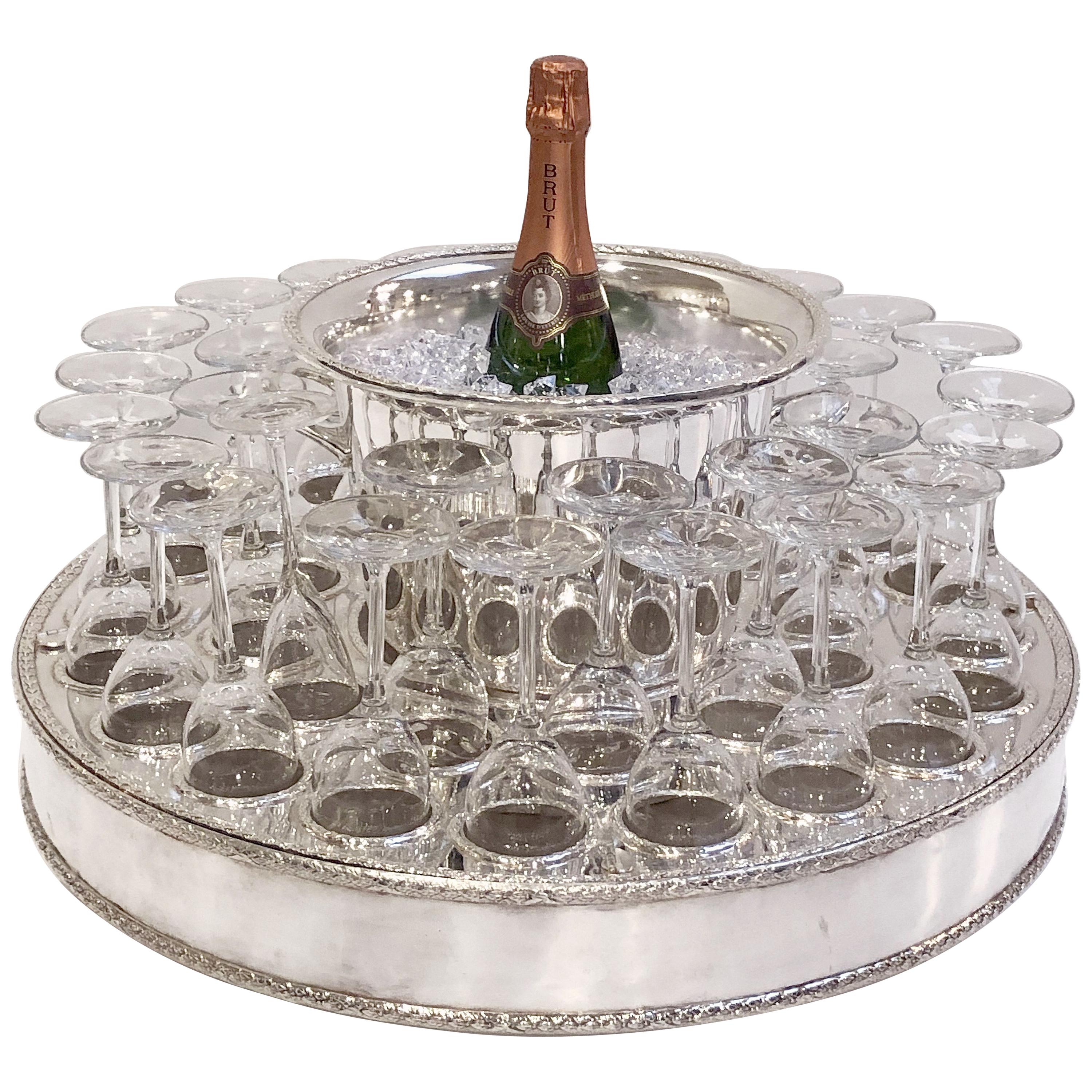 Italian Silver Champagne Service with Revolving Stand, Wine Cooler, and Glasses