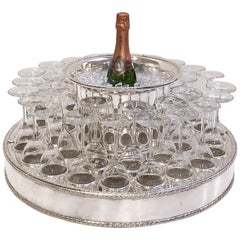 Italian Silver Champagne Service with Revolving Stand, Wine Cooler, and Glasses