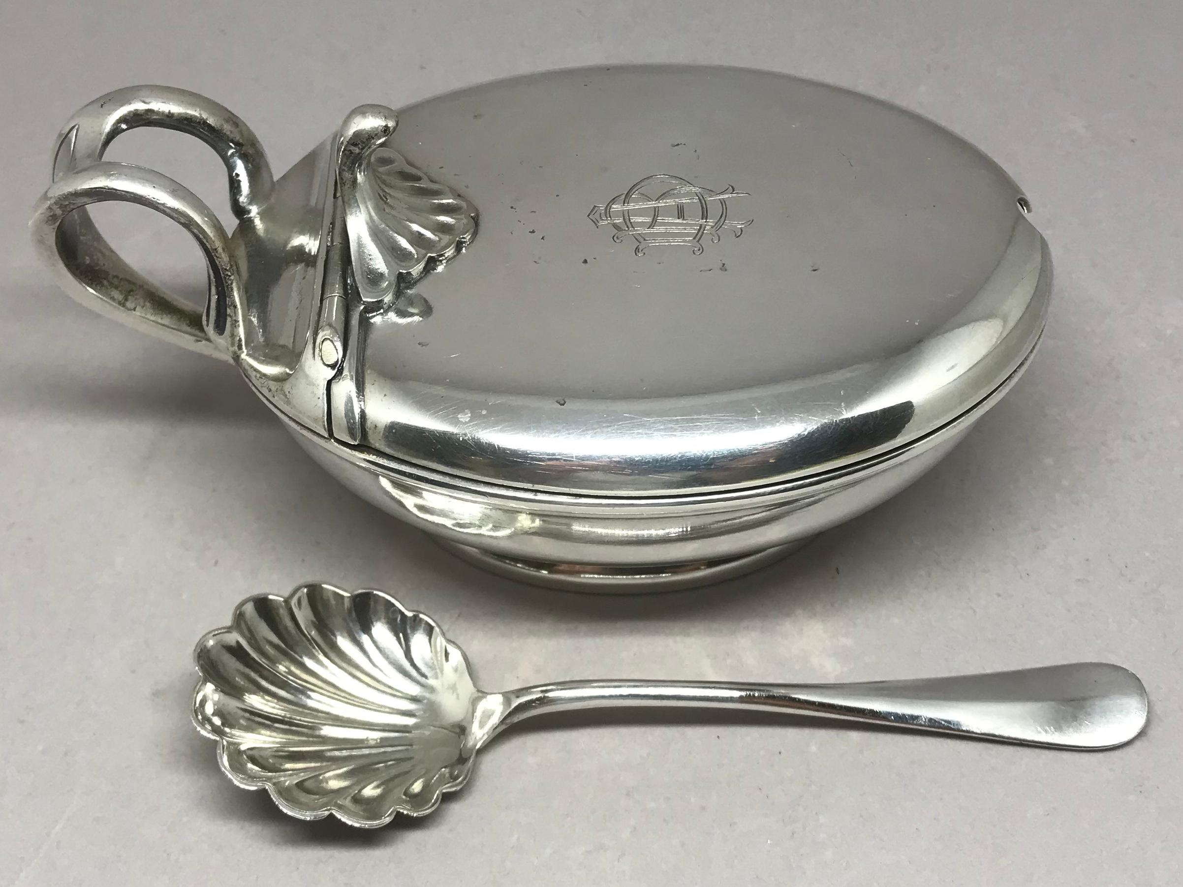 Italian silver condiment dish with spoon. Vintage oval lidded cheese/condiment dish with matching shell-form spoon both monogrammed with A D B. Markings for Broggi, Milano. Italy, midcentury Dimensions: 6.25