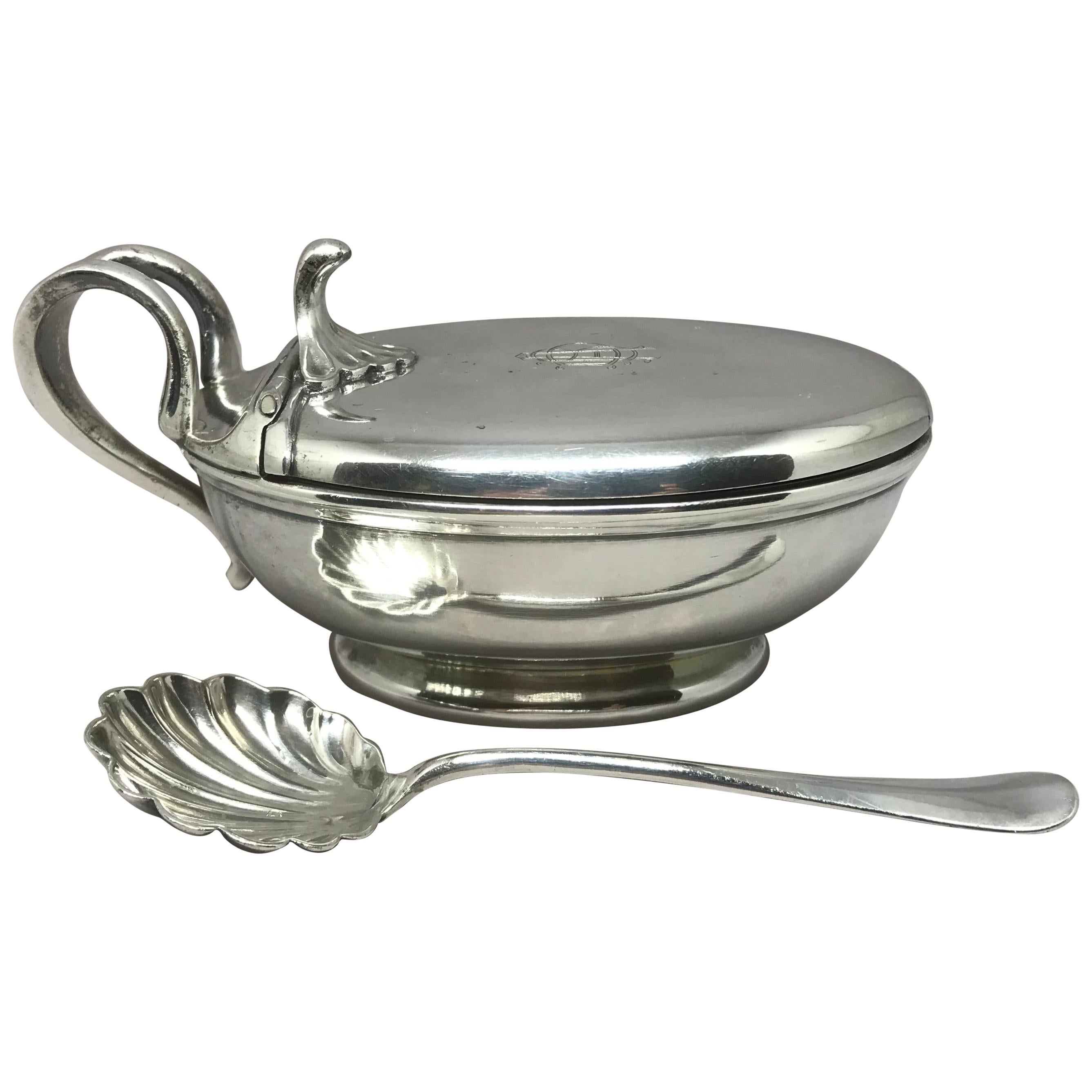 Italian Silver Condiment Dish with Spoon For Sale