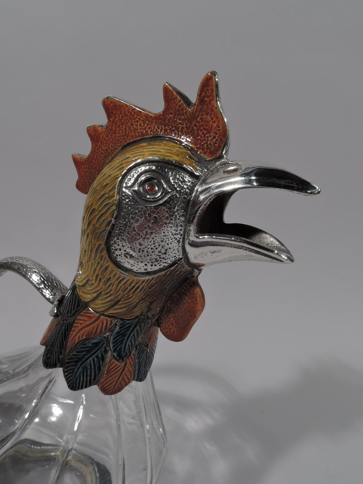 Modern Italian Silver and Enamel Figural Flamboyant Fowl Rooster Decanter