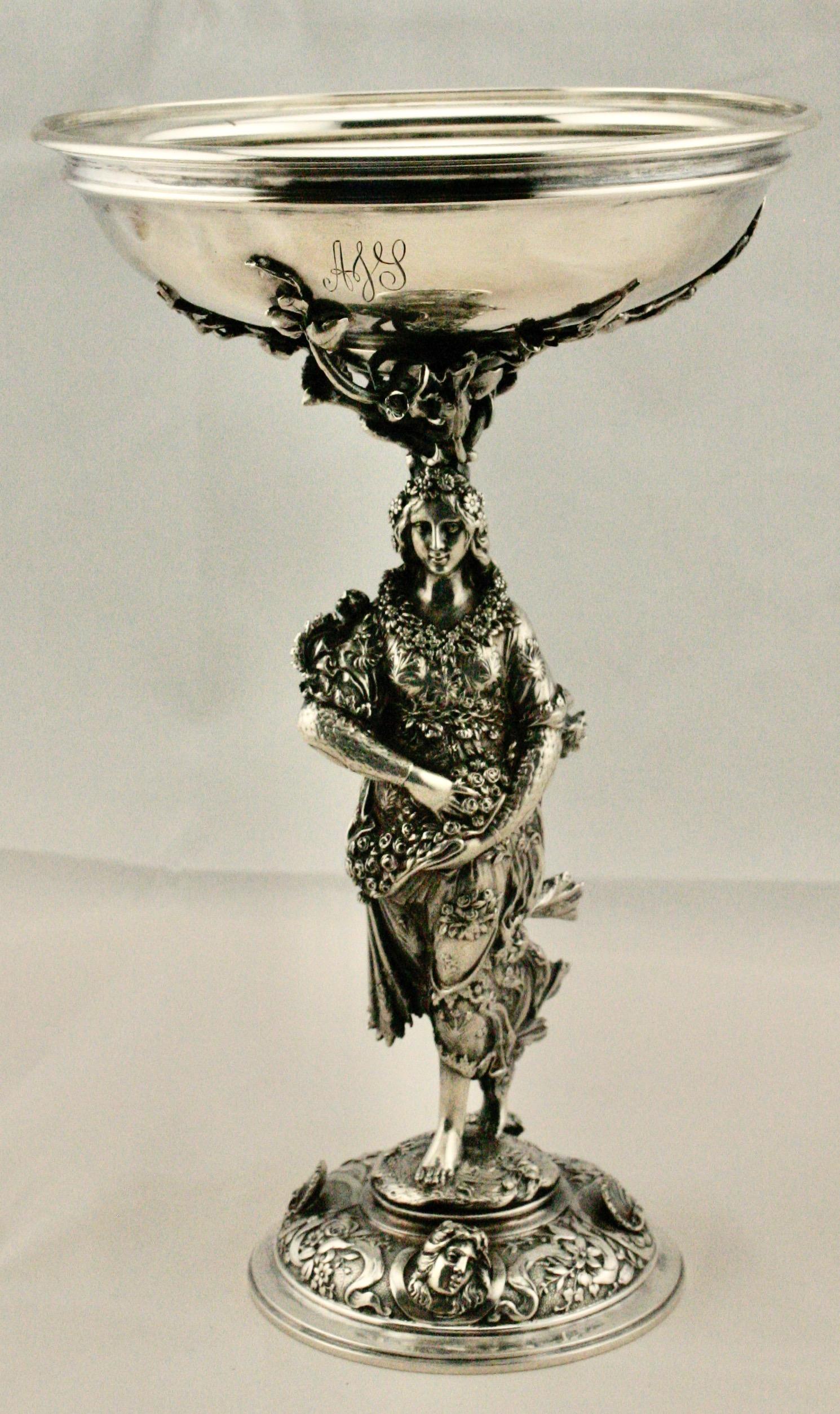 Italian silver compote late 19th century, with mark of G. Accarisi of Firenze/Florence. The compote is in the form of a shallow bowl held aloft by a model of Flora based on the painting Primavera by Sandro Botticelli. It is raised on a domed