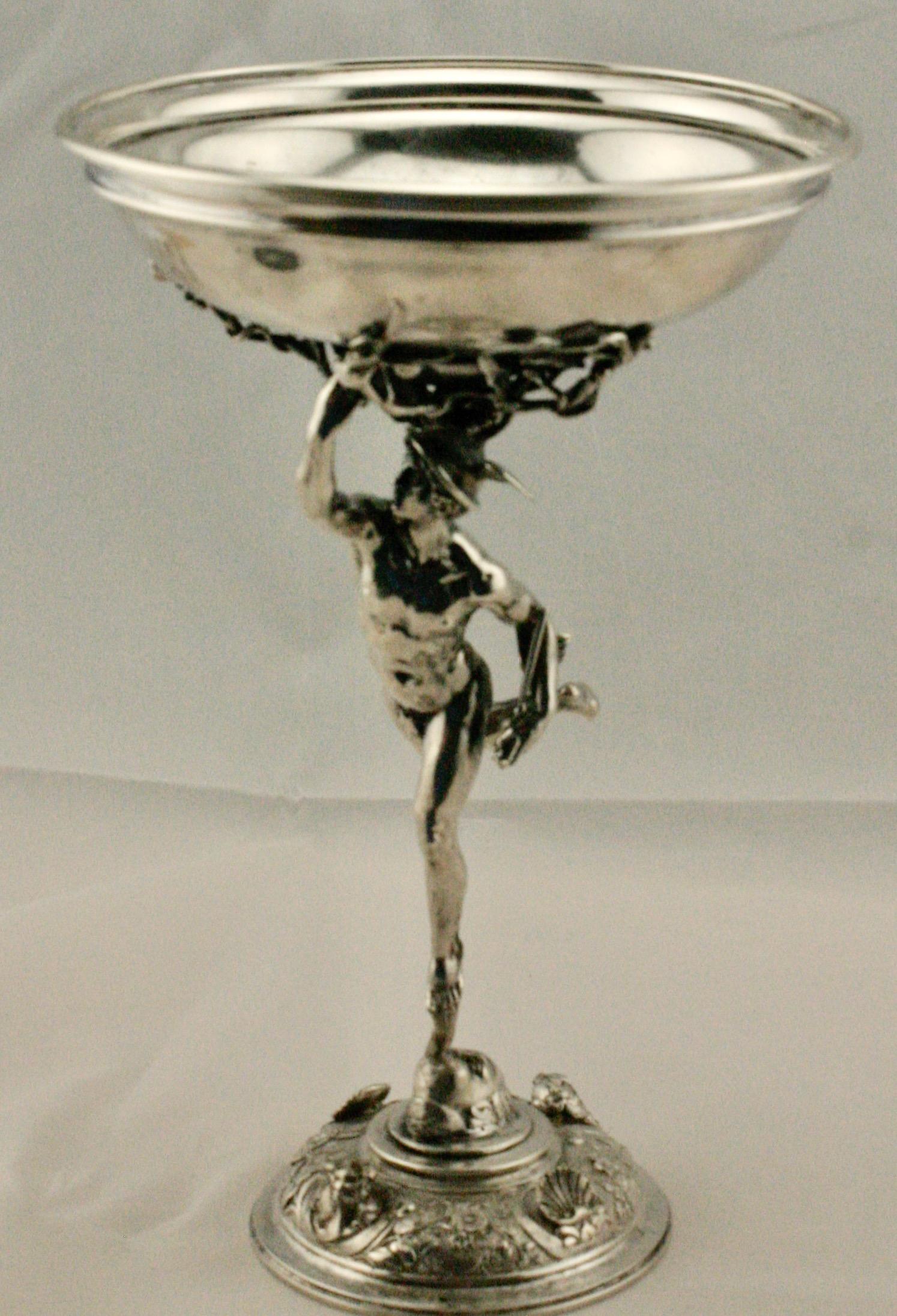 Italienisches Silberkompott aus dem späten 19. Jahrhundert, mit der Marke von G. Accarisi aus Firenze/Florenz. Das Kompott hat die Form einer flachen Schale, die von einem Modell des Merkur gehalten wird, das auf der Merkur-Skulptur von Giambologna