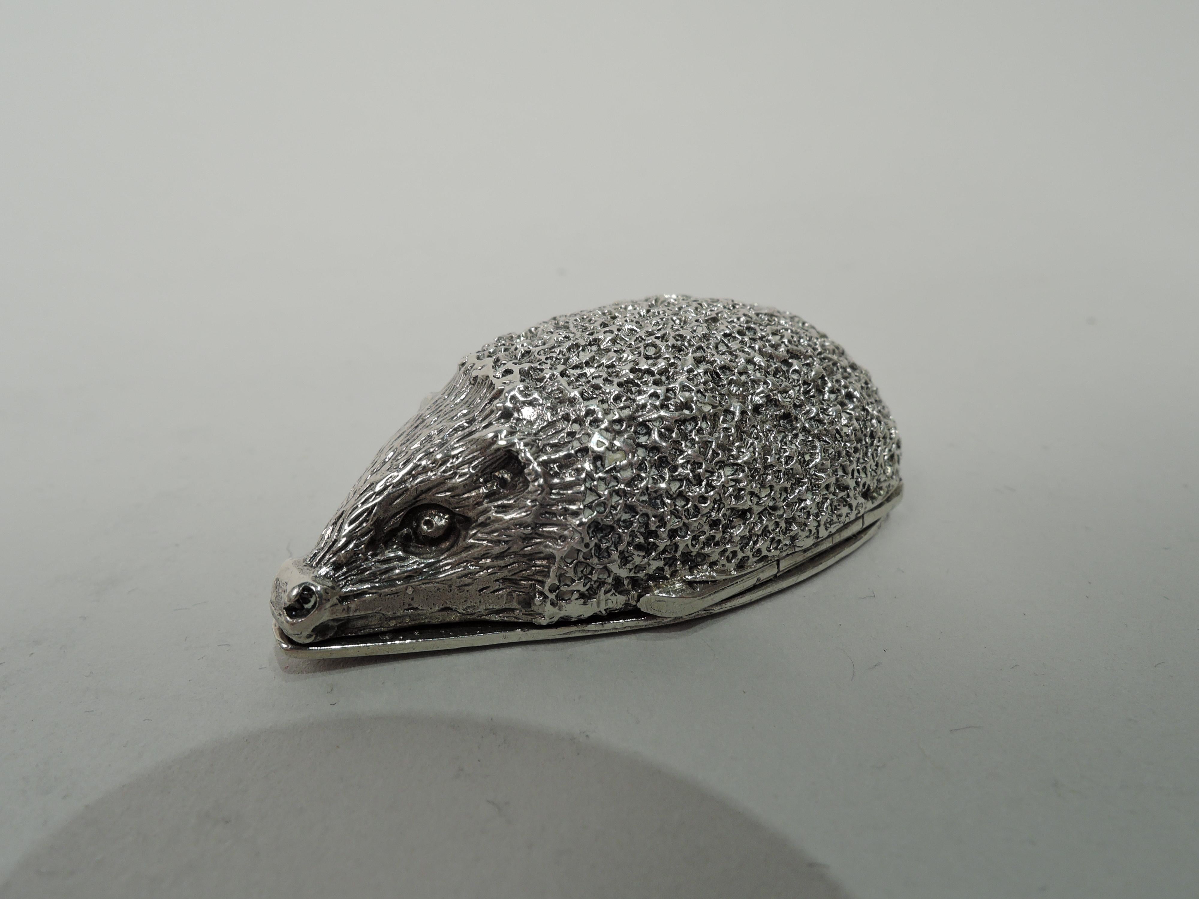 Italian 800 silver figural pillbox, ca 1910. In form of hedgehog with bristly body and pointy head. Hinged bottom. Marked 