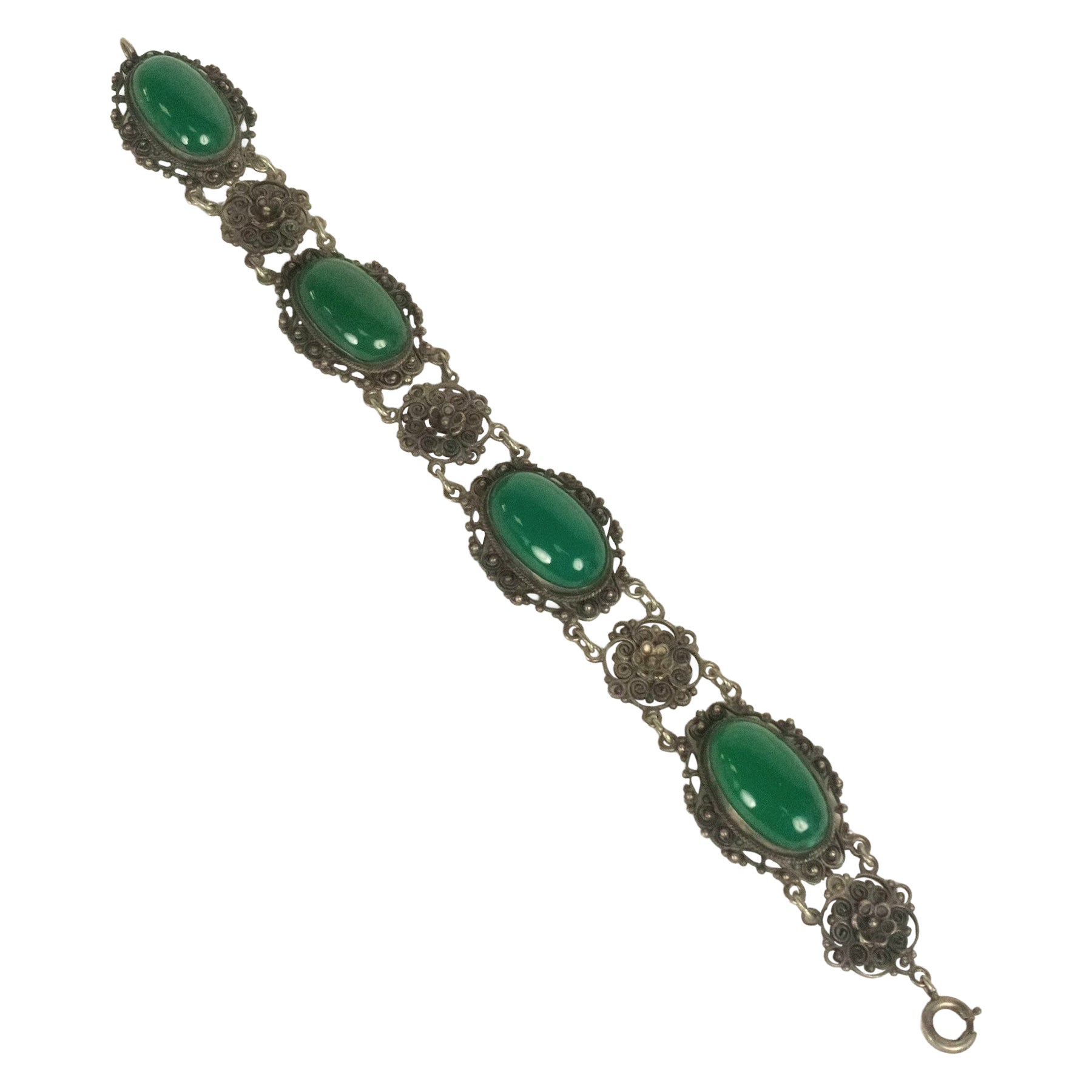 Bracciale italiano in argento filigranato con onice verde e cabochon