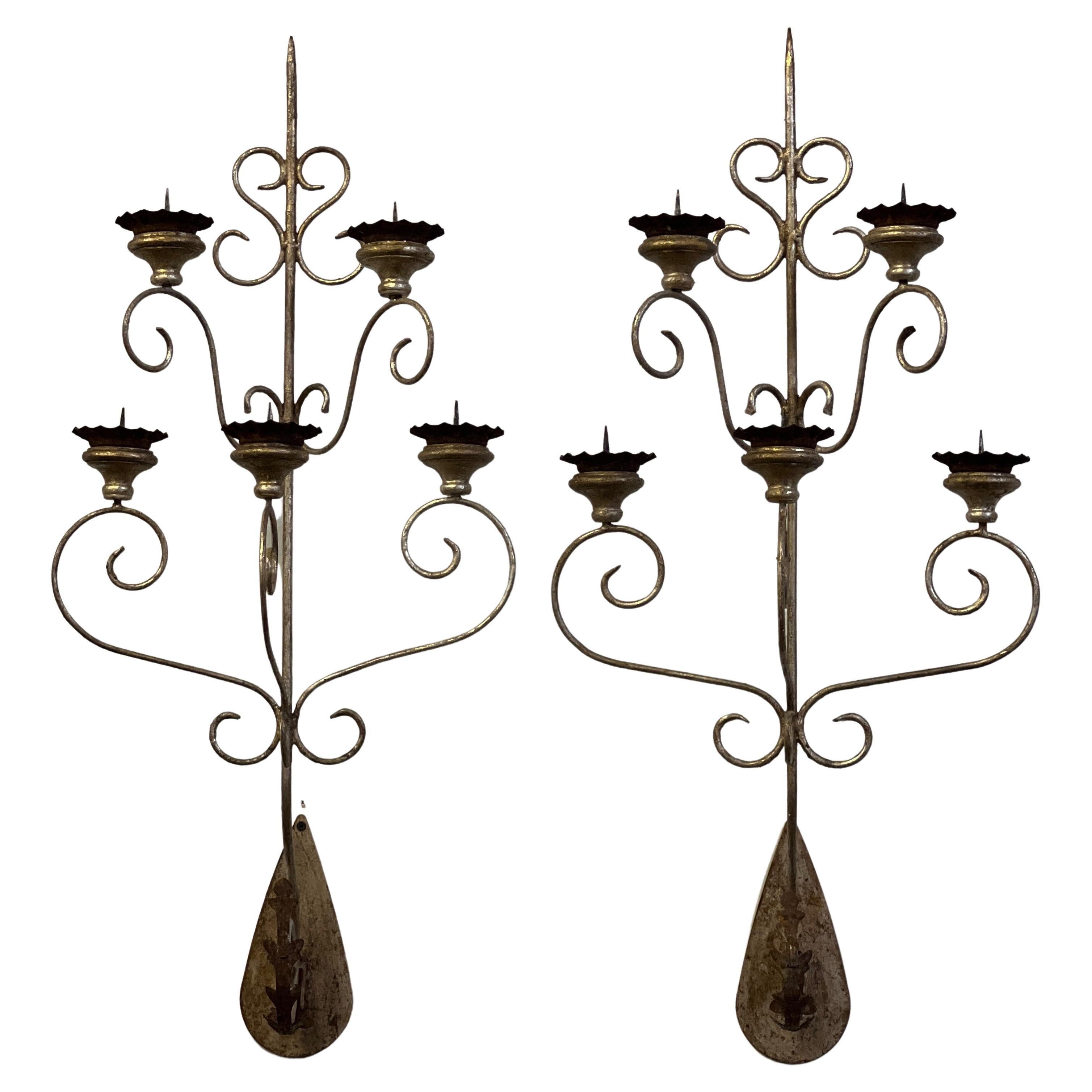 Italian Silver Gilt 5 Arm Candle Wall Sconce, Pair For Sale